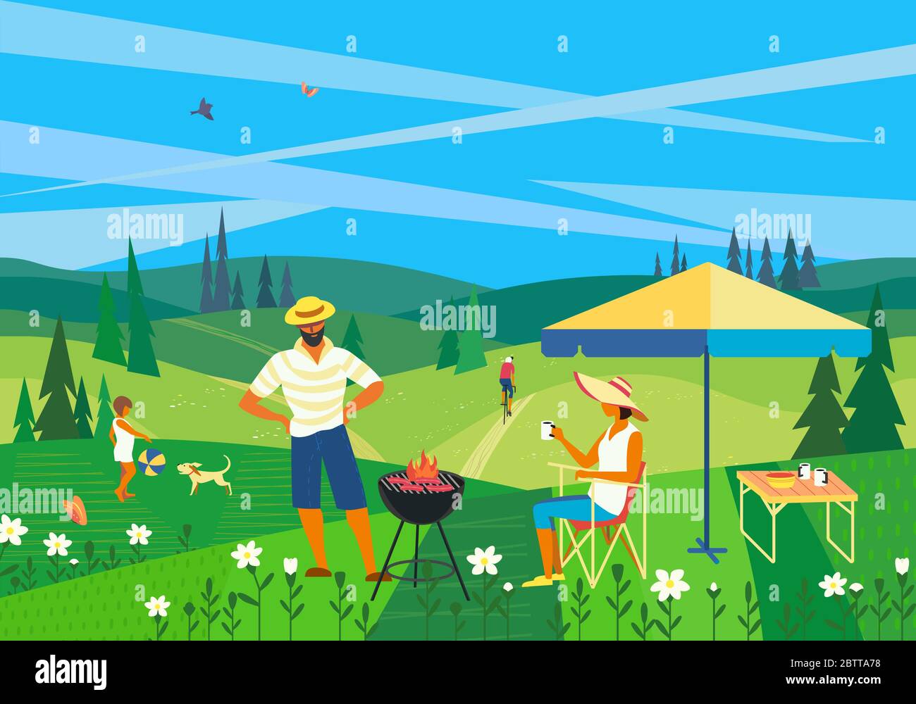 Family barbecue countryside picnic flat vector. Summer outdoors activity  concept. Rural scene cartoon background. Season holiday leisure banner  backgr Stock Vector Image & Art - Alamy