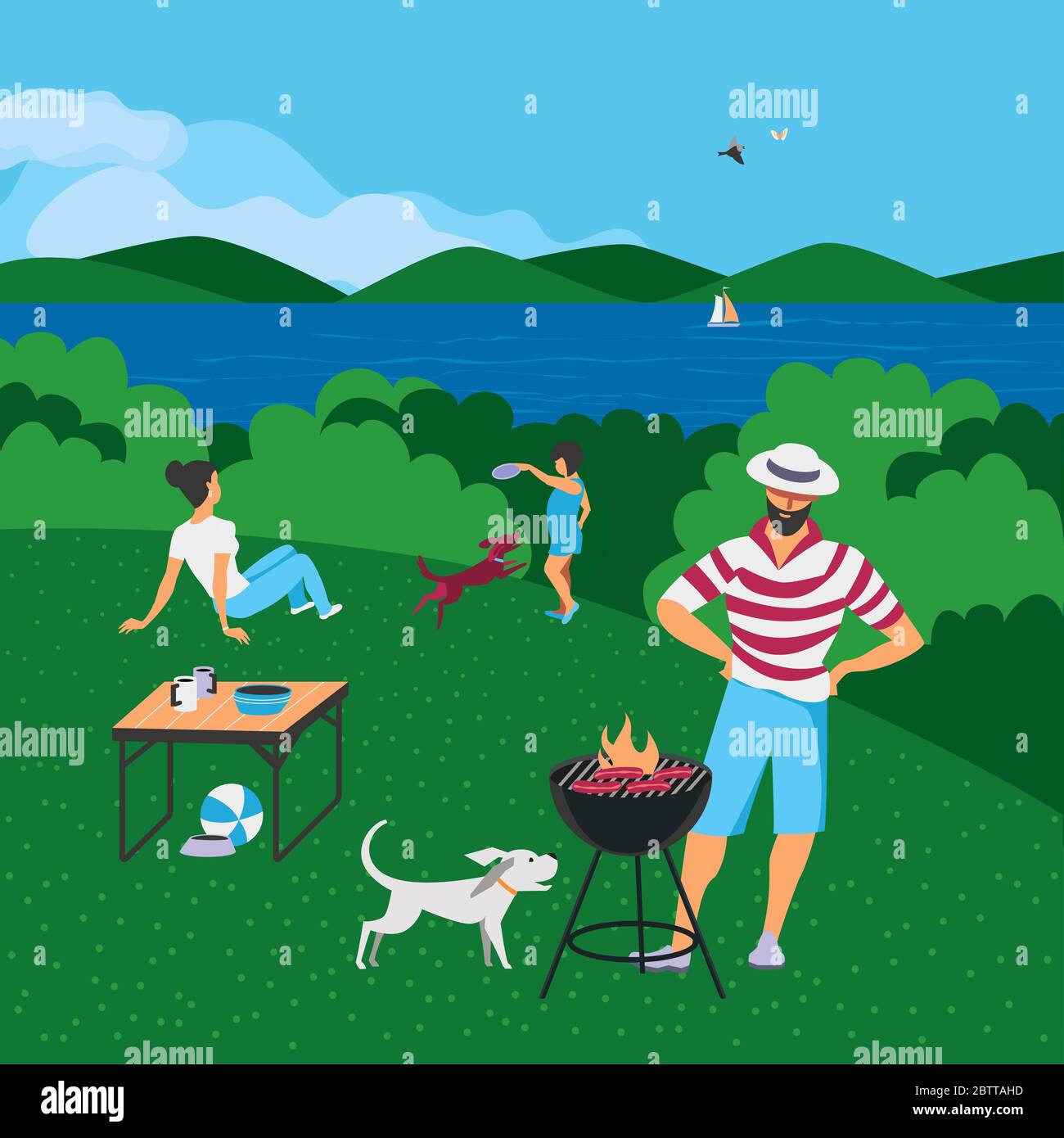 Family barbecue BBQ picnic on nature flat vector. Summer outdoors activity  concept. River bank scene cartoon background. Season holiday leisure backgr  Stock Vector Image & Art - Alamy