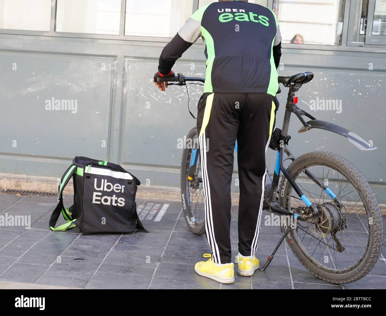 Bordeaux , Aquitaine / France - 05 05 2020 : Uber eats bike delivery man bike and backpack Stock Photo