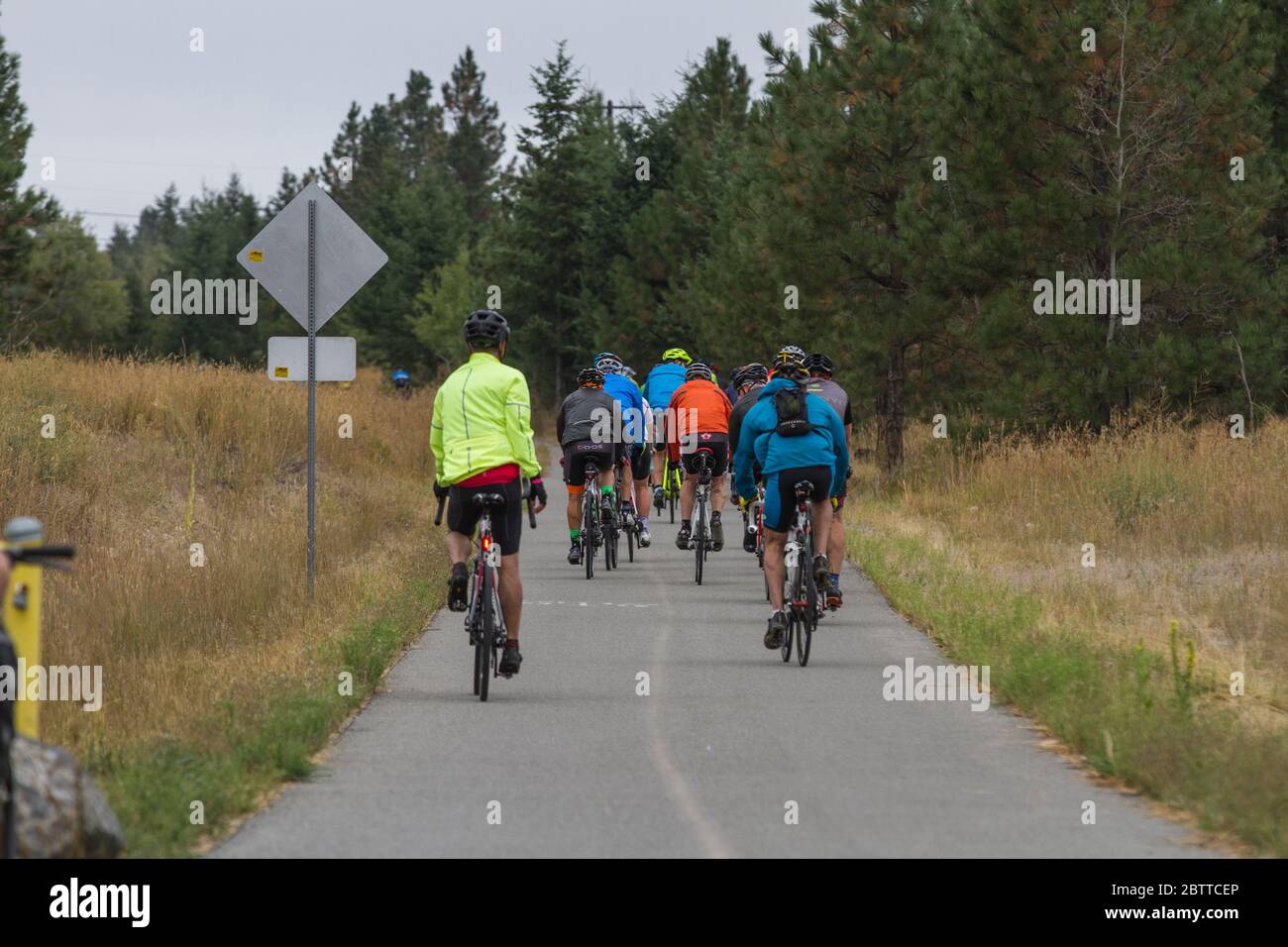 Scenic Bike Race, large group, in full racing gear and uniform. Outdoor scenic background Stock Photo