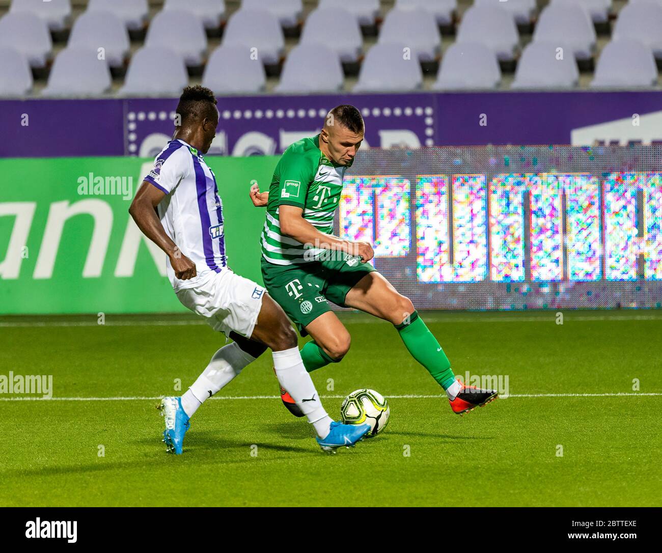 Budapest Hungary May 27 L R Vincent Onovo Of Ujpest Fc Competes For The Ball With Oleksandr Zubkov Of Ferencvarosi Tc During The Hungarian Otp Bank Liga Match Between Ujpest Fc And