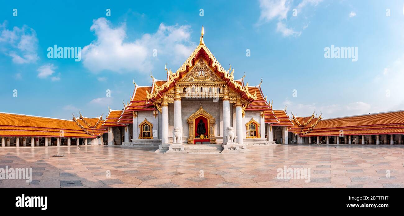 Name of this Buddhist temple Wat Benchamabophit and the temple in Bangkok Downtown Stock Photo