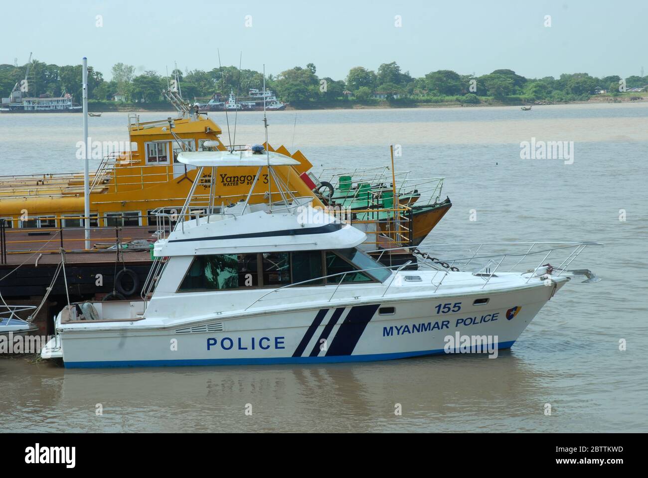 Police Boat at Pansodan Ferry Terminal, Yangon, Myanmar, Asia. Stock Photo