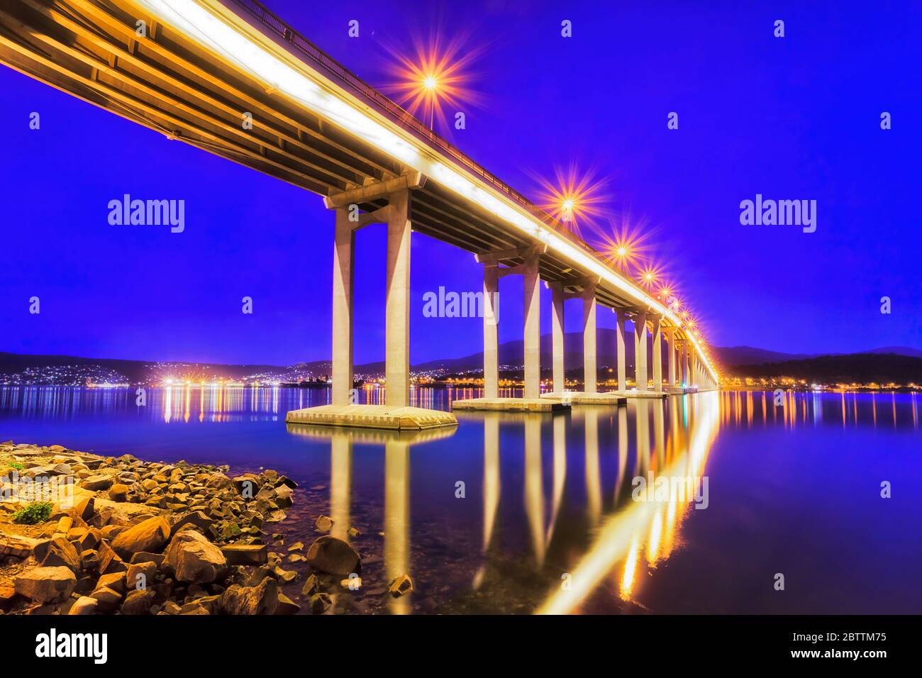 Tasman bridge across Derwent river in Hobart - capital of Tasmania state in Australia. Stock Photo
