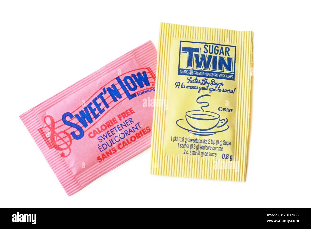 Artificial Sweetener, Sweet'N Low with Saccharin and Sugar Twin with Aspartame Stock Photo