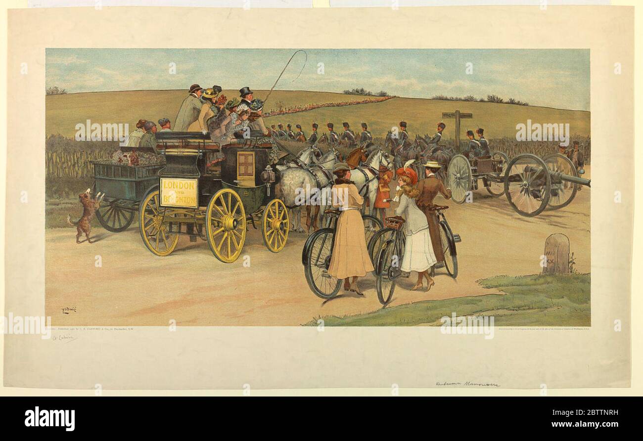 Autumn Maneuvers. Research in ProgressA field with infantry and horse troops. In the foreground, a London and Brighton coach, women with bicycles, and a cannon. Artist's name, lower left. Below in graphite, and the date, title and publisher's name. Stock Photo
