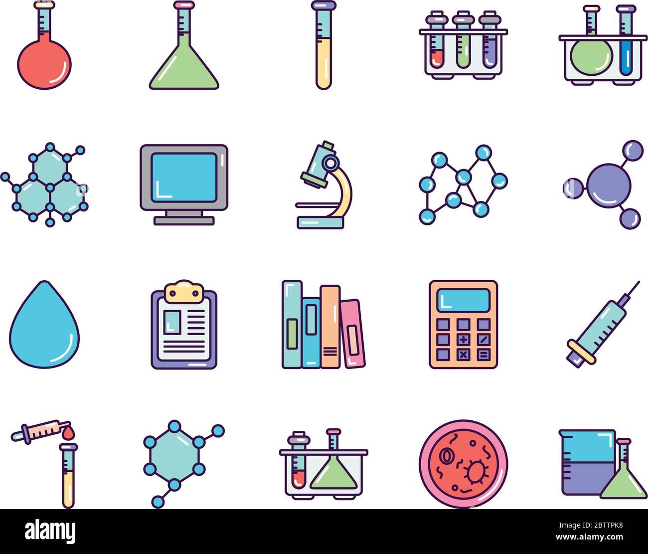 calculator and Chemical icon set over white background, line color ...