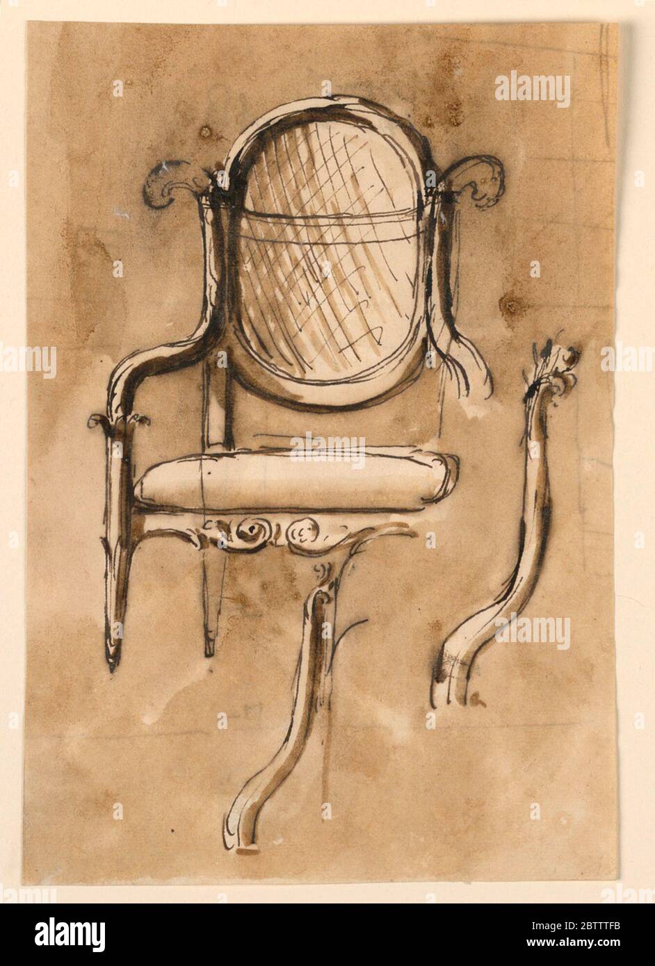 Chair. Research in ProgressAbove is the chair, seen from the front, the legs and the fore part of the arm being omitted, at right. The seat is upholstered. The back is high oval with straw plaiting supported by the upper part of the back legs. Stock Photo