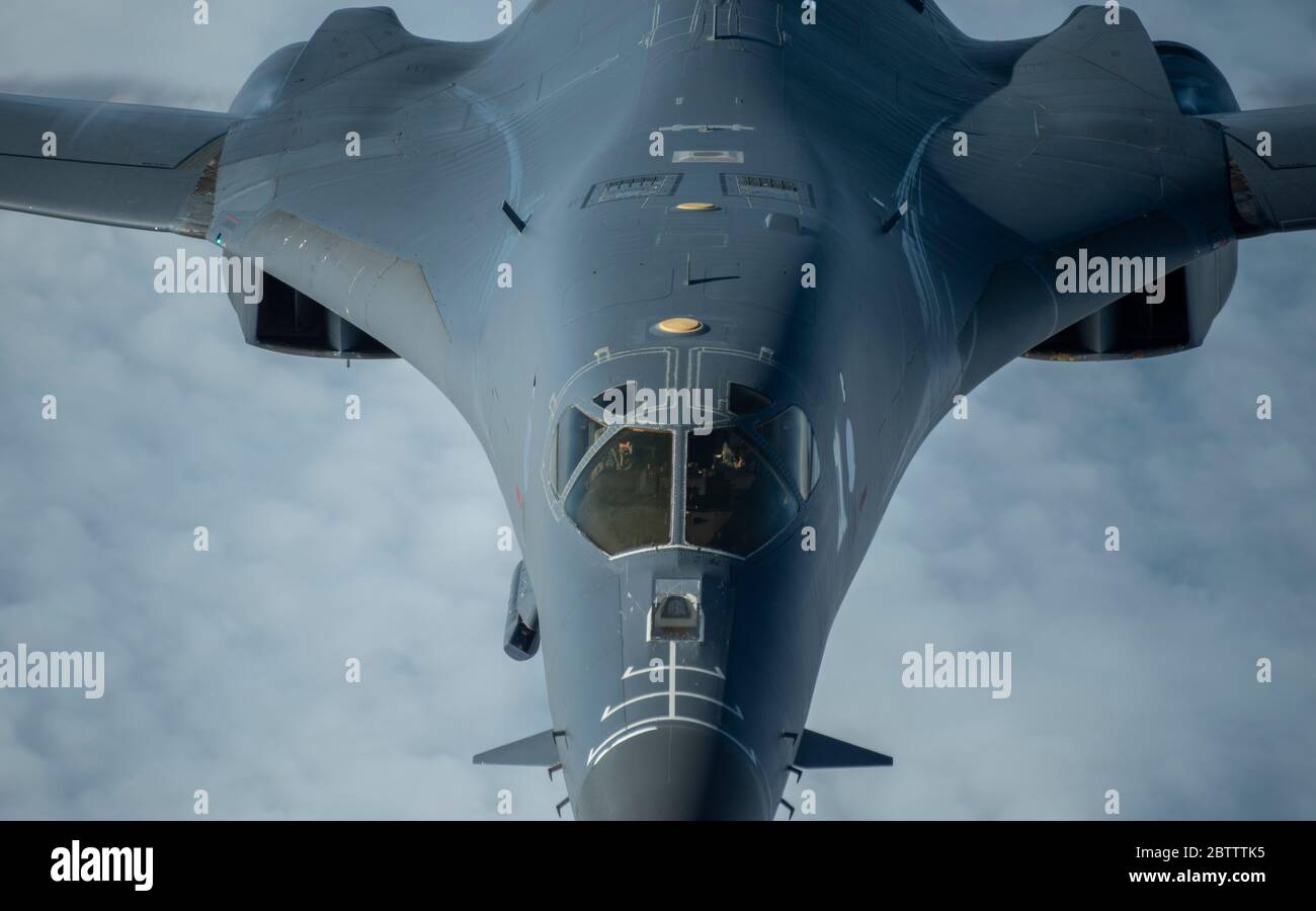 A U.S. Air Force B-1B Lancer stealth bomber aircraft from the 9th Expeditionary Bomb Squadron, during a joint training mission with the Japan Air Self Defense Force May 12, 2020 off the Sea of Japan. Stock Photo