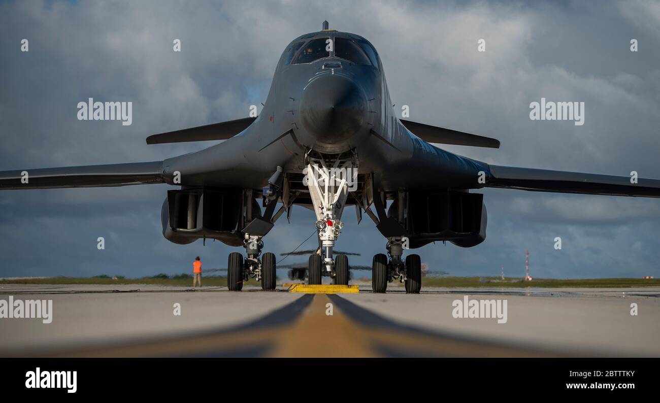 A U.S. Air Force B-1B Lancer stealth bomber aircraft from the 9th Expeditionary Bomb Squadron, taxis at Andersen Air Force Base following a training mission May 14, 2020 in Yigo, Guam. Stock Photo