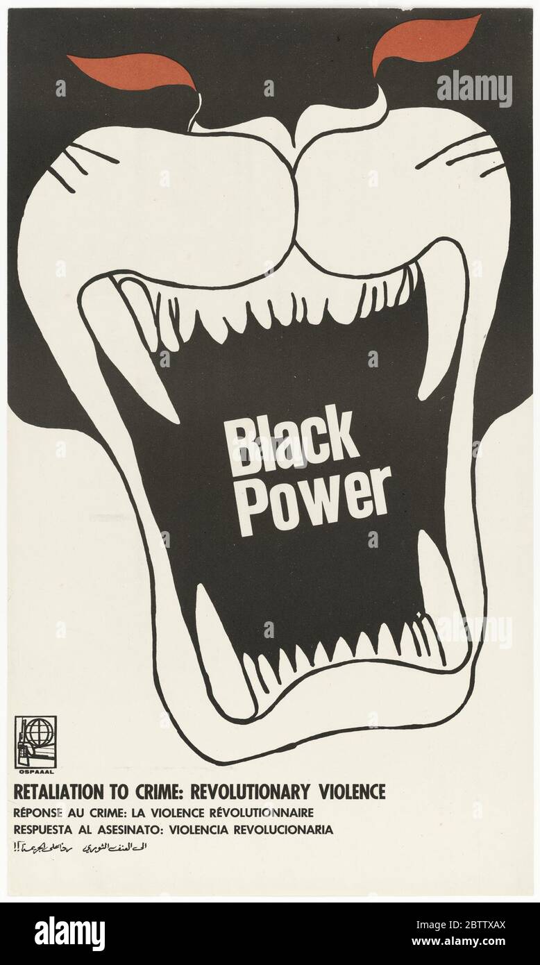 Black Power. Large color lithographic poster published by The Organization of Solidarity with the People of Asia, African and Latin America (OSPAAAL) with the message 'Retaliation to Crime: Revolutionary Violence' written in English, French, Spanish and Arabic below an illustration of a red-e Stock Photo