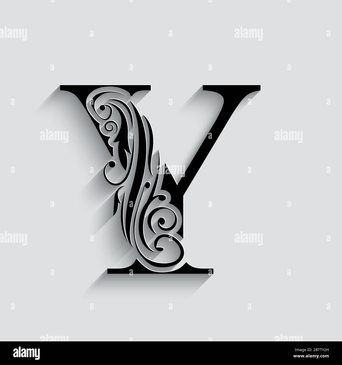 letter Y. Black flower alphabet.  Beautiful capital letter with shadow Stock Vector