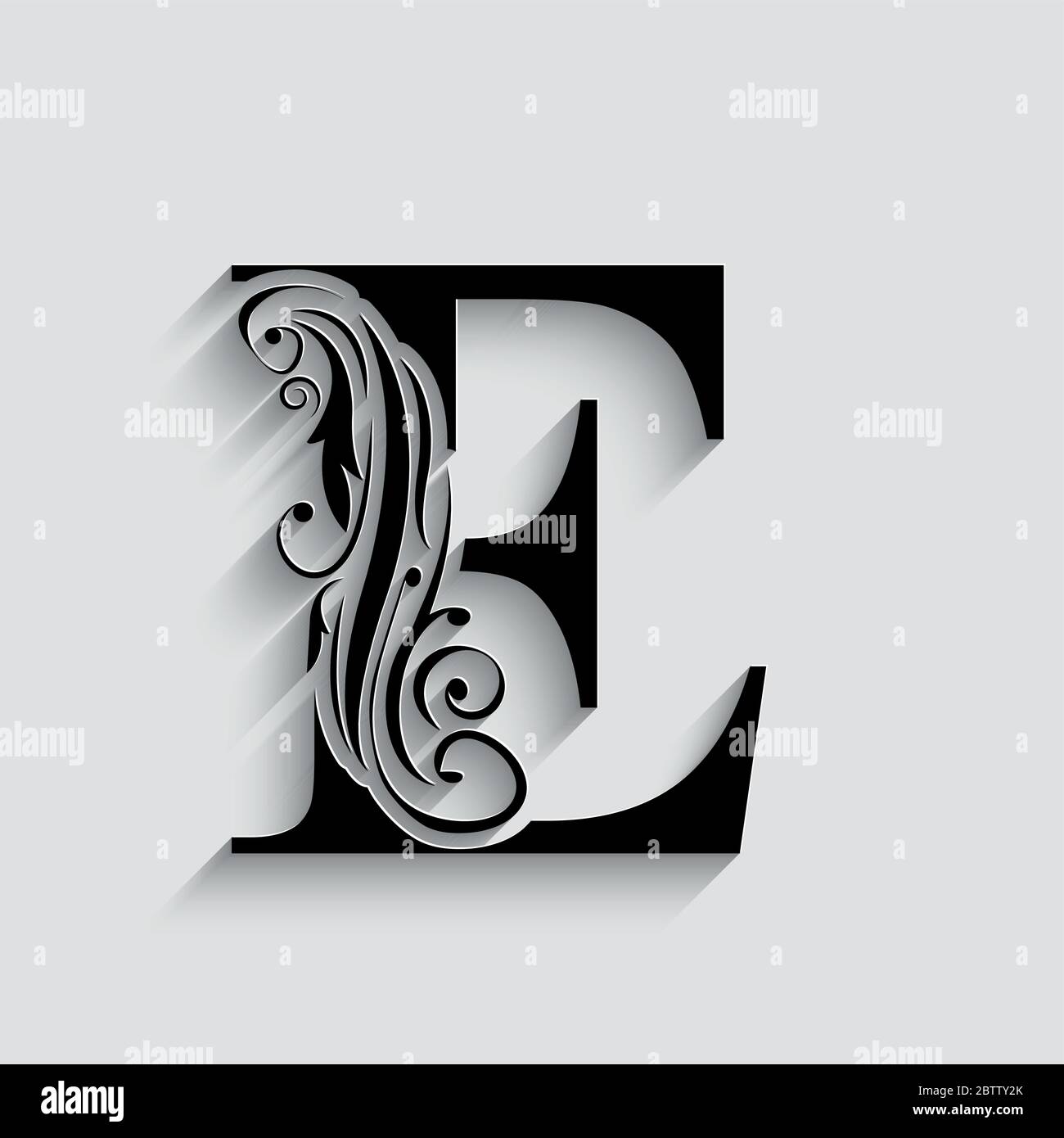letter E. Black flower alphabet.  Beautiful capital letter with shadow Stock Vector