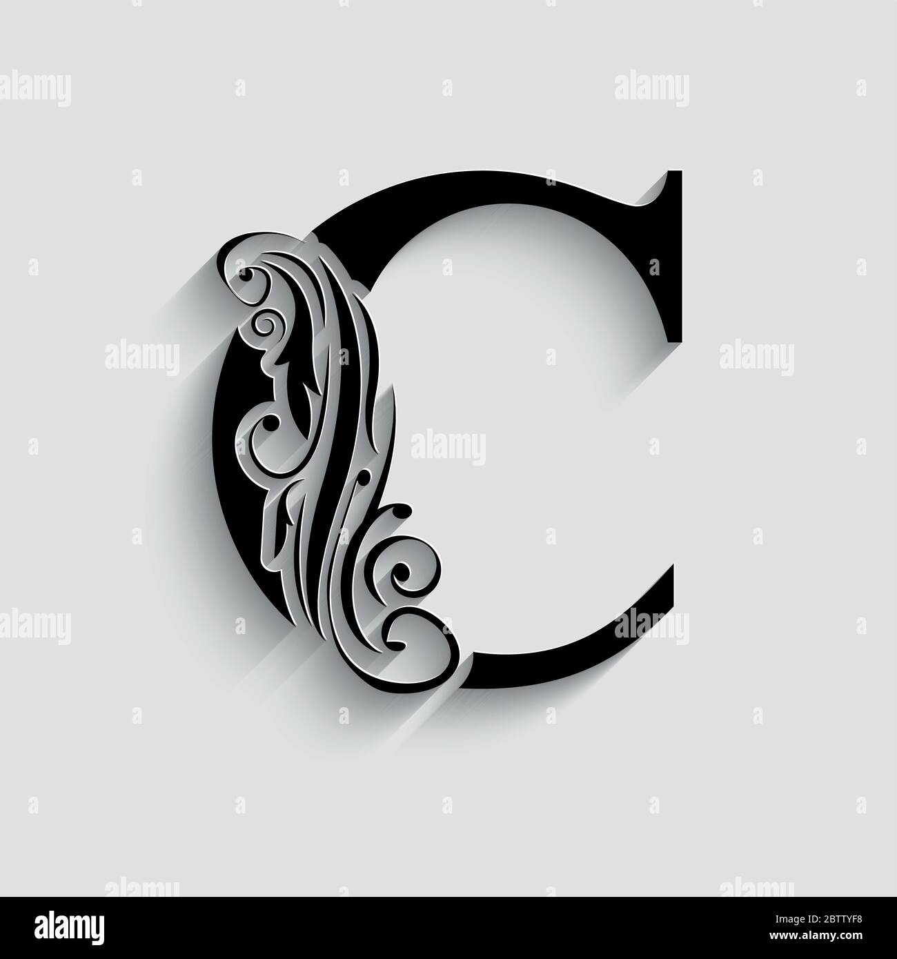 letter C. Black flower alphabet.  Beautiful capital letter with shadow Stock Vector
