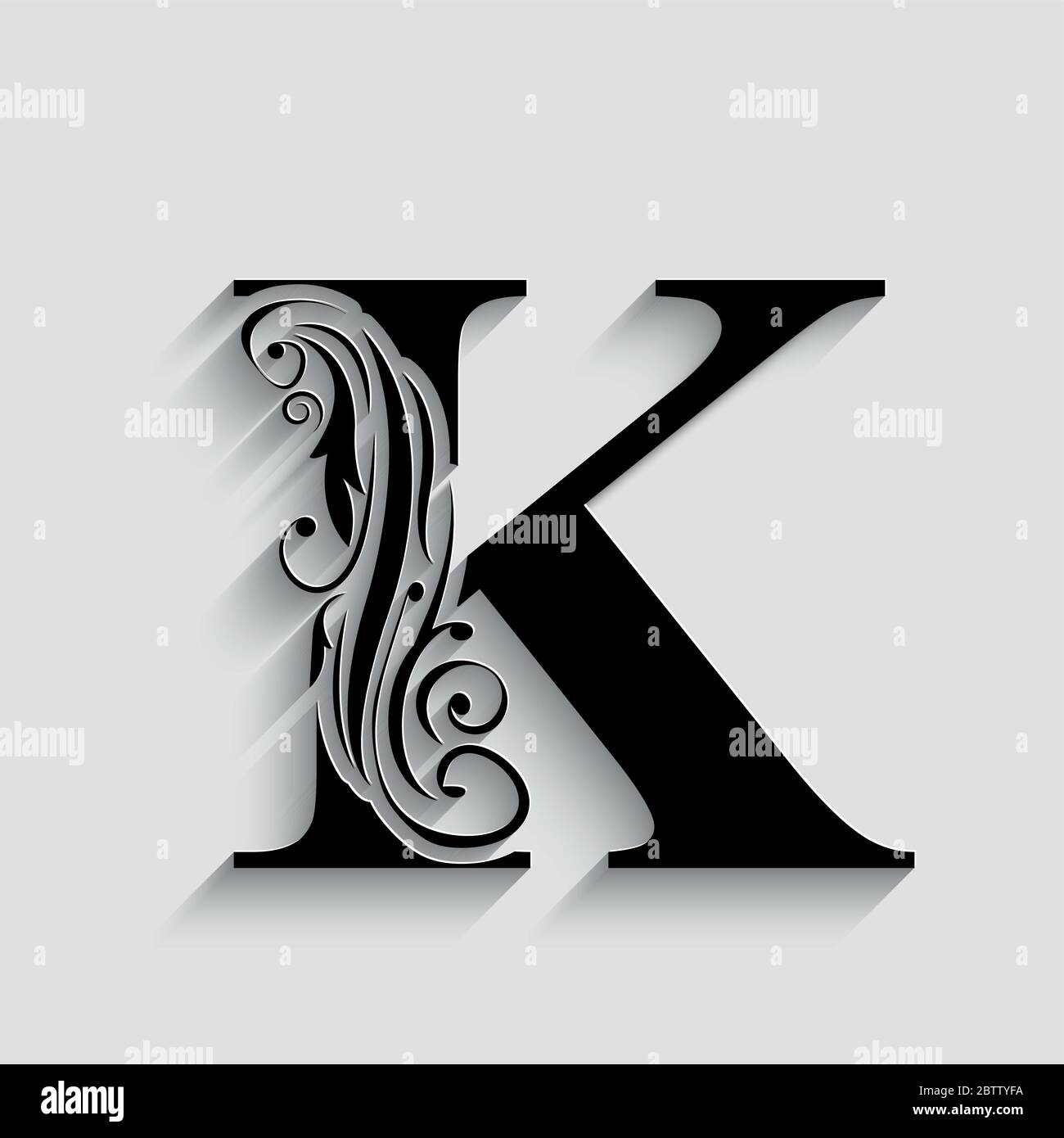 letter K. Black flower alphabet.  Beautiful capital letter with shadow Stock Vector