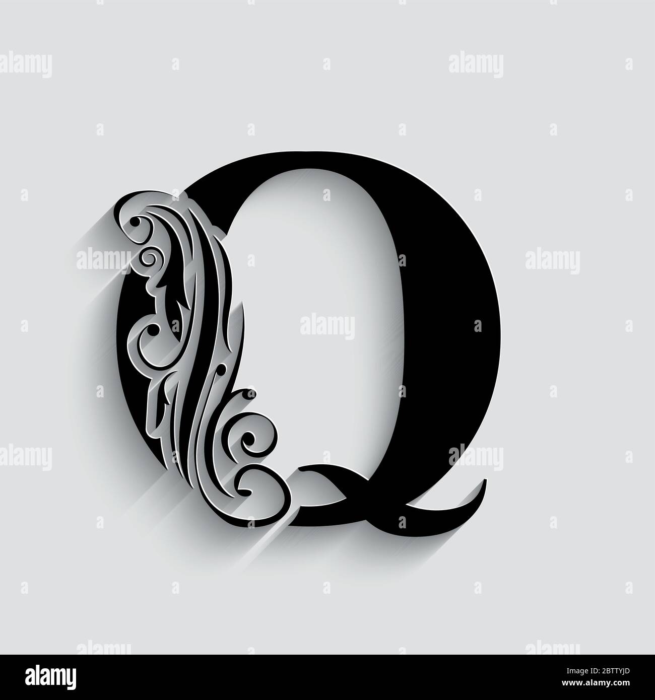 letter Q. Black flower alphabet.  Beautiful capital letter with shadow Stock Vector