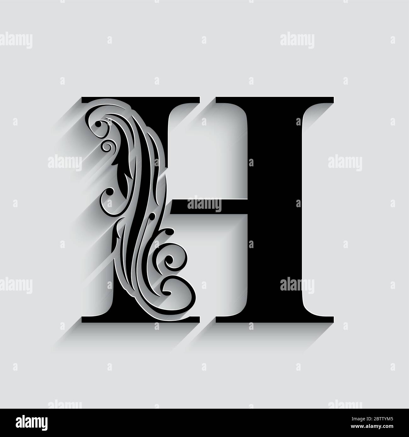 letter H. Black flower alphabet.  Beautiful capital letter with shadow Stock Vector