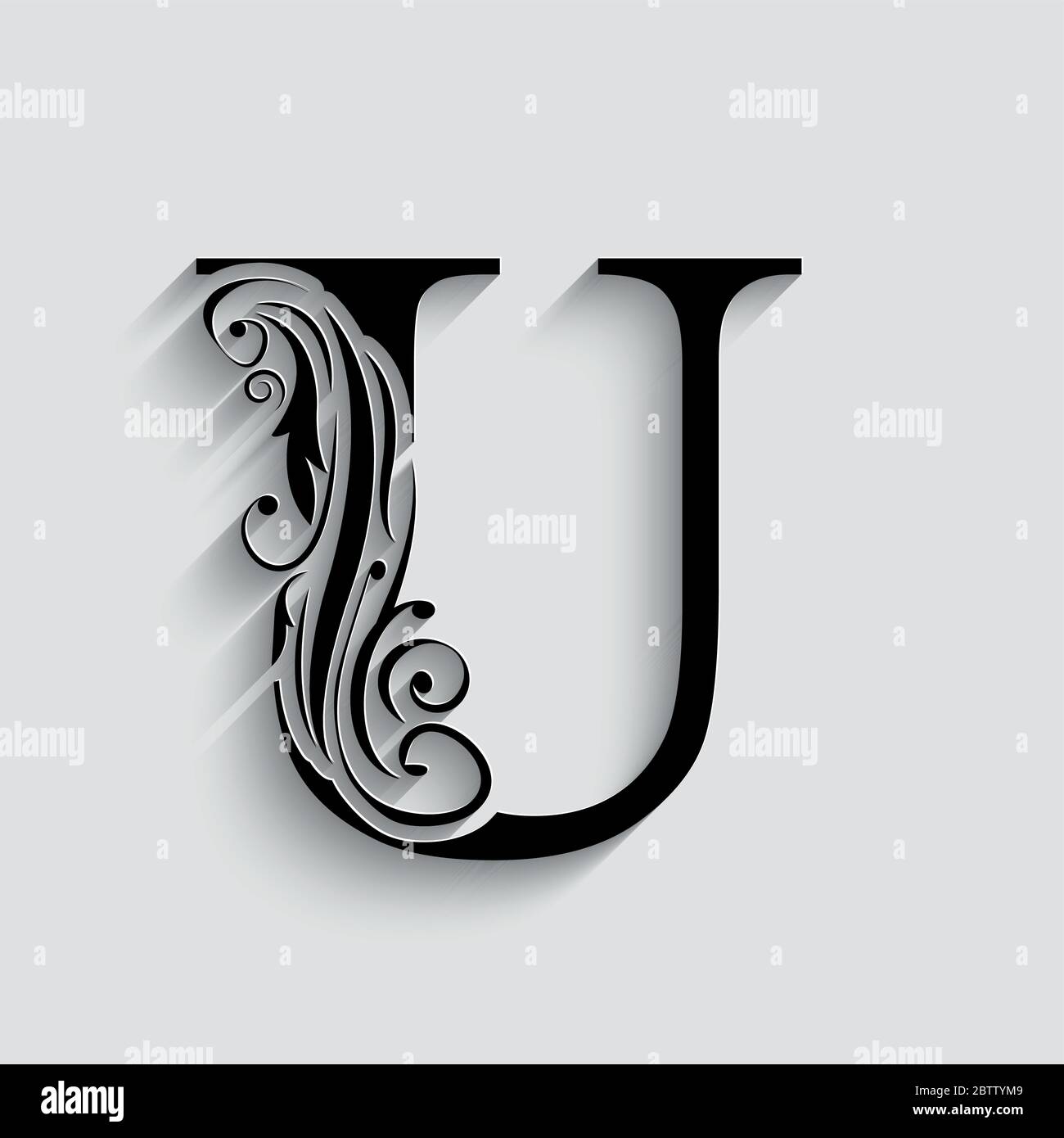 letter U. Black flower alphabet.  Beautiful capital letter with shadow Stock Vector