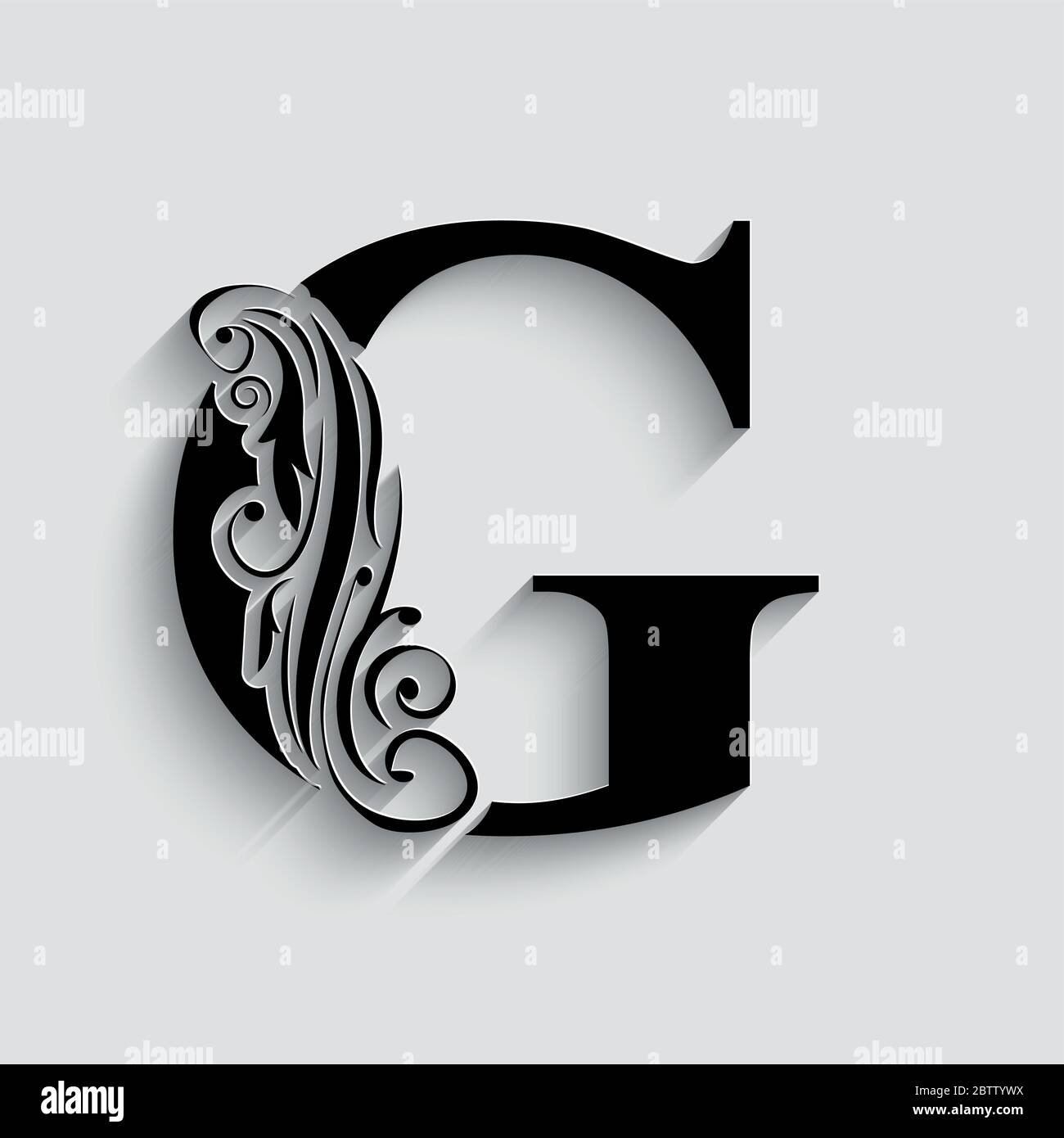 letter G. Black flower alphabet.  Beautiful capital letter with shadow Stock Vector