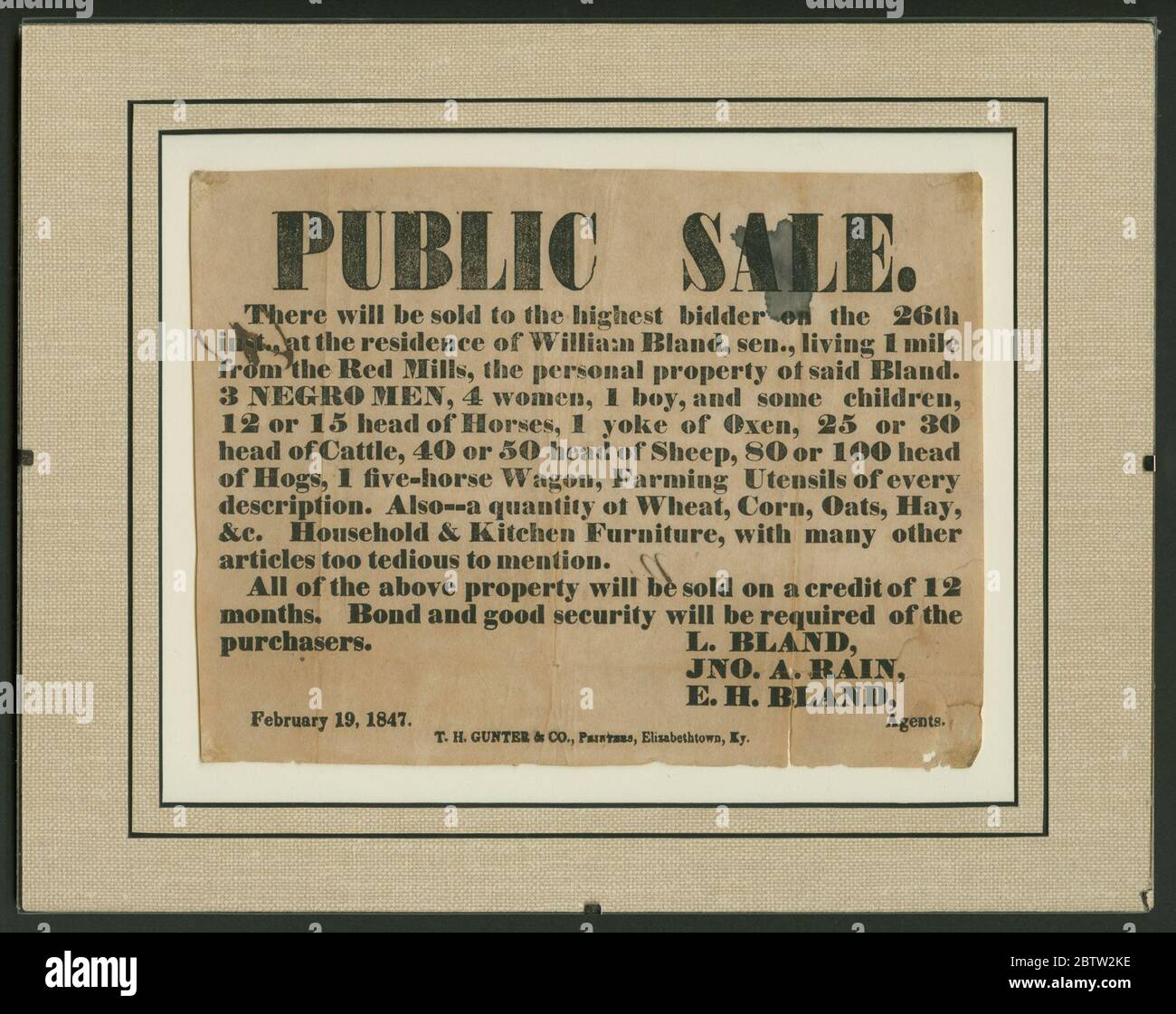 Broadside for the sale of enslaved persons and other property of William Bland. People, Livestock, and Tools for Sale, 1847Enslaved people were traded no differently than a piece of farming equipment, livestock, or commodity crops. Stock Photo