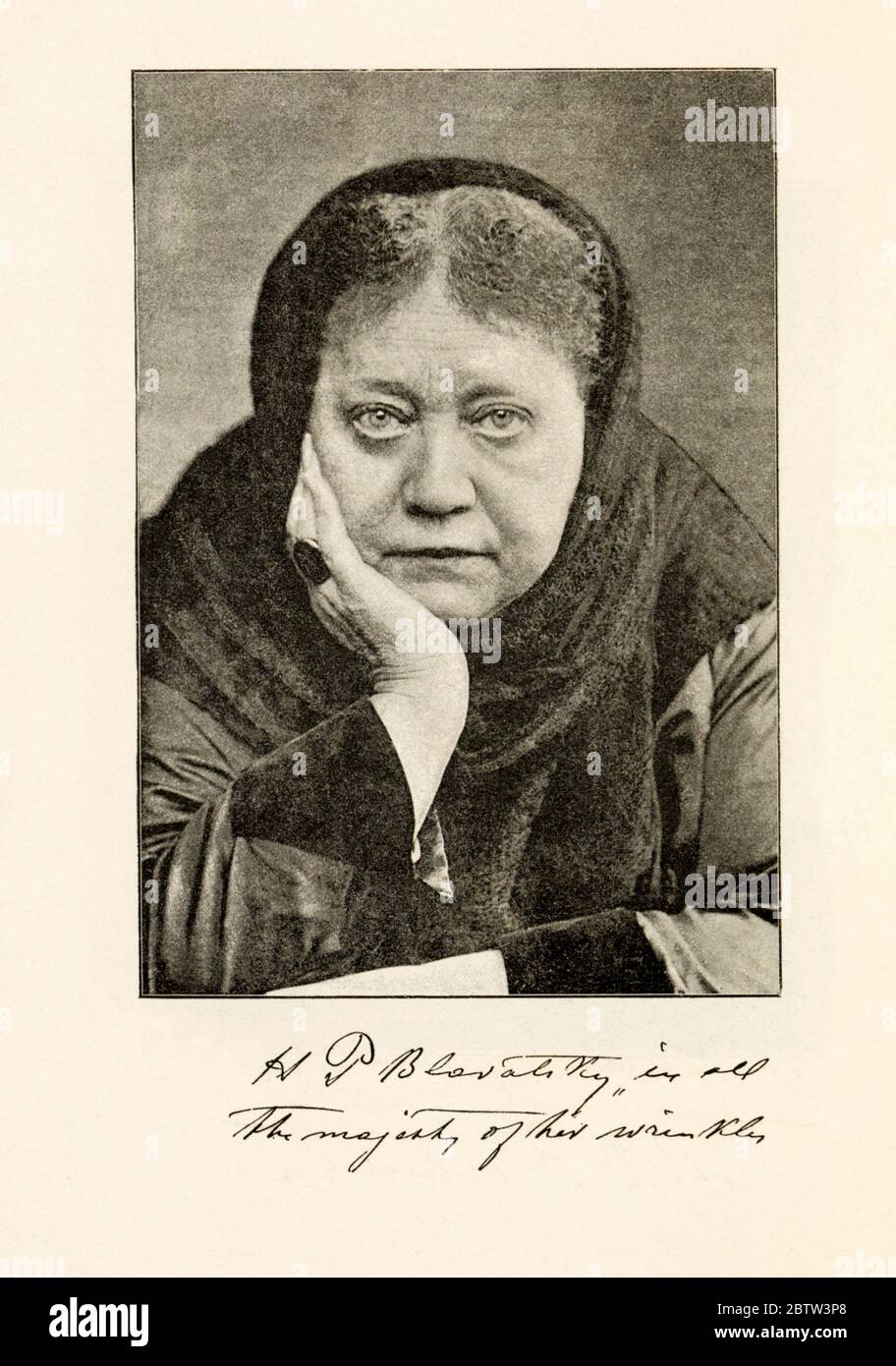 1890 c. , USA : The russian-born Madame Helena Petrovna BLAVATSKY von Hahn ( 1831 - 1891 ). Celebrated woman Theosopyst , phylosopher , occultist, mystic , spiritualist traveller and writer . Founder of THEOSOPHICAL SOCIETY in 1875 . In this photo with the ring of HIGHT PRIESTESS with symbol of Theosophy: ring with green stoneflecked with veins of blood red engraved with interlaced triangles in a circle, with in dian motto Sat ( Life ), was gived to Blavatsky by her Indian teacher Damodar Mavalankar in 1880  .- MEDIUM - Medianità - Sedute spiritiche - spiritualism - theosophy  - OCCULTISMO - O Stock Photo