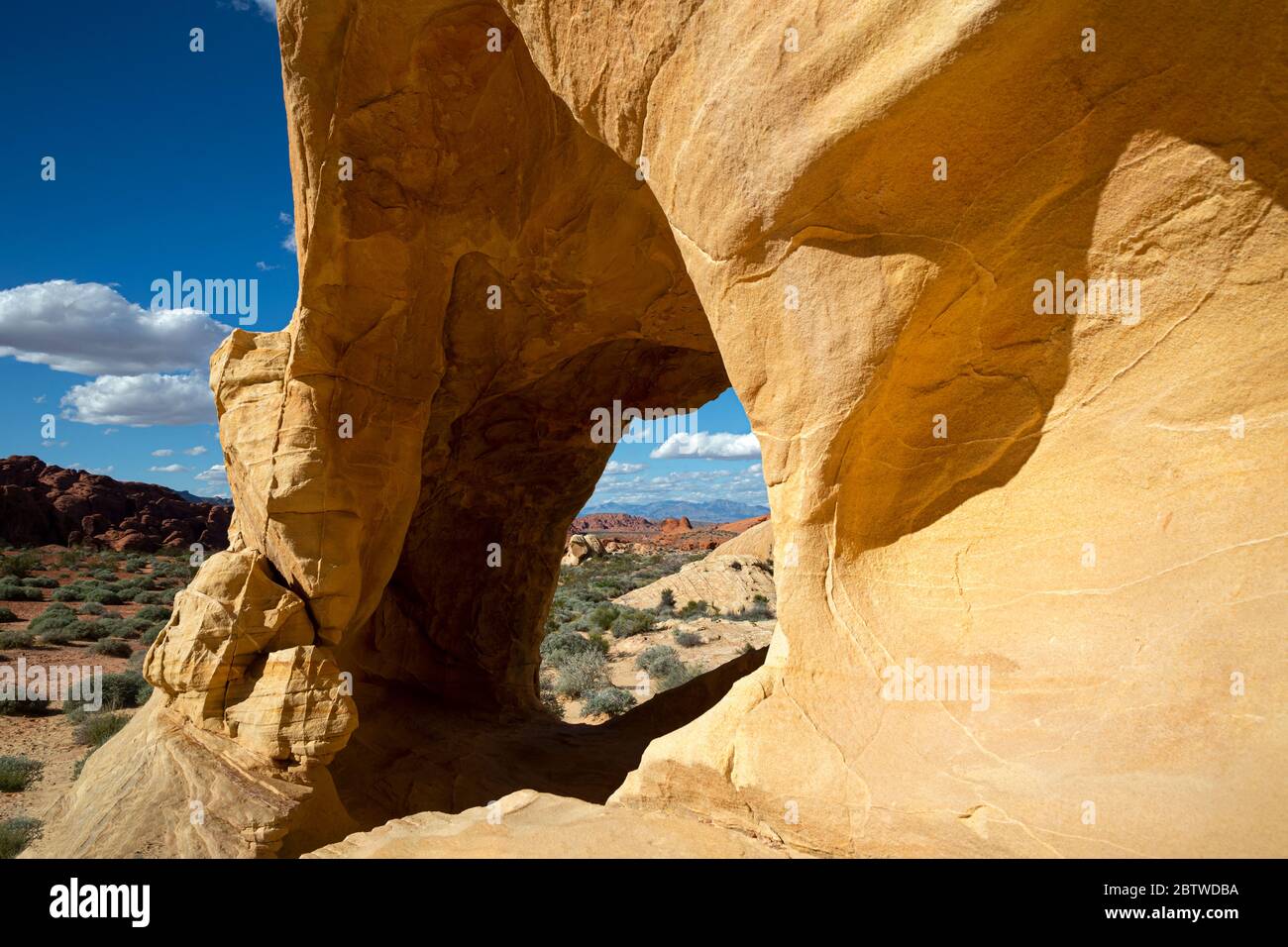 NV00130-00...NEVADA - A window through sandstone buttress viewed along the White Domes Loop Trail in Valley of Fire State Park. Stock Photo