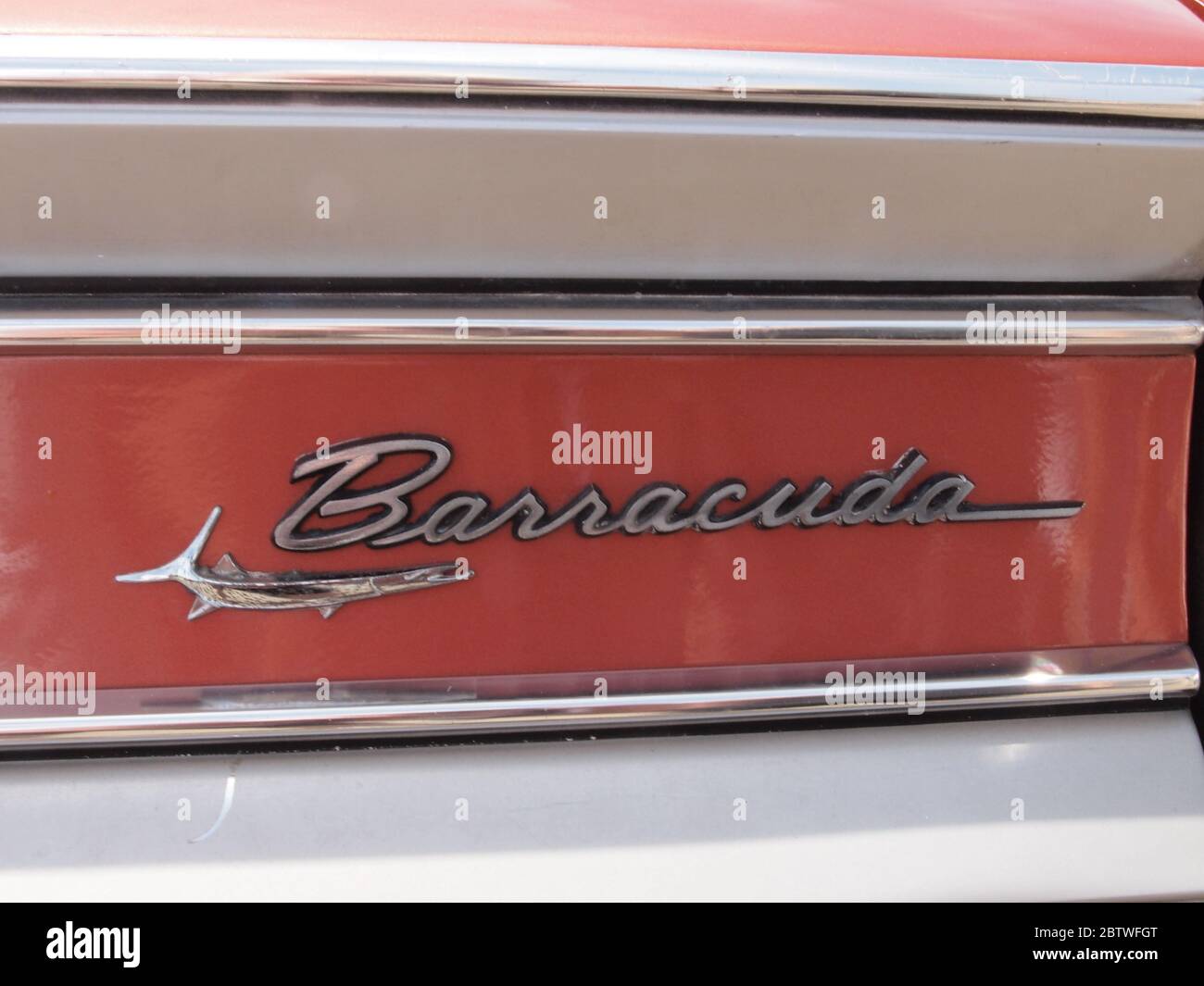 1967 Plymouth Barracuda rear detail showing the trademark symbol. Stock Photo