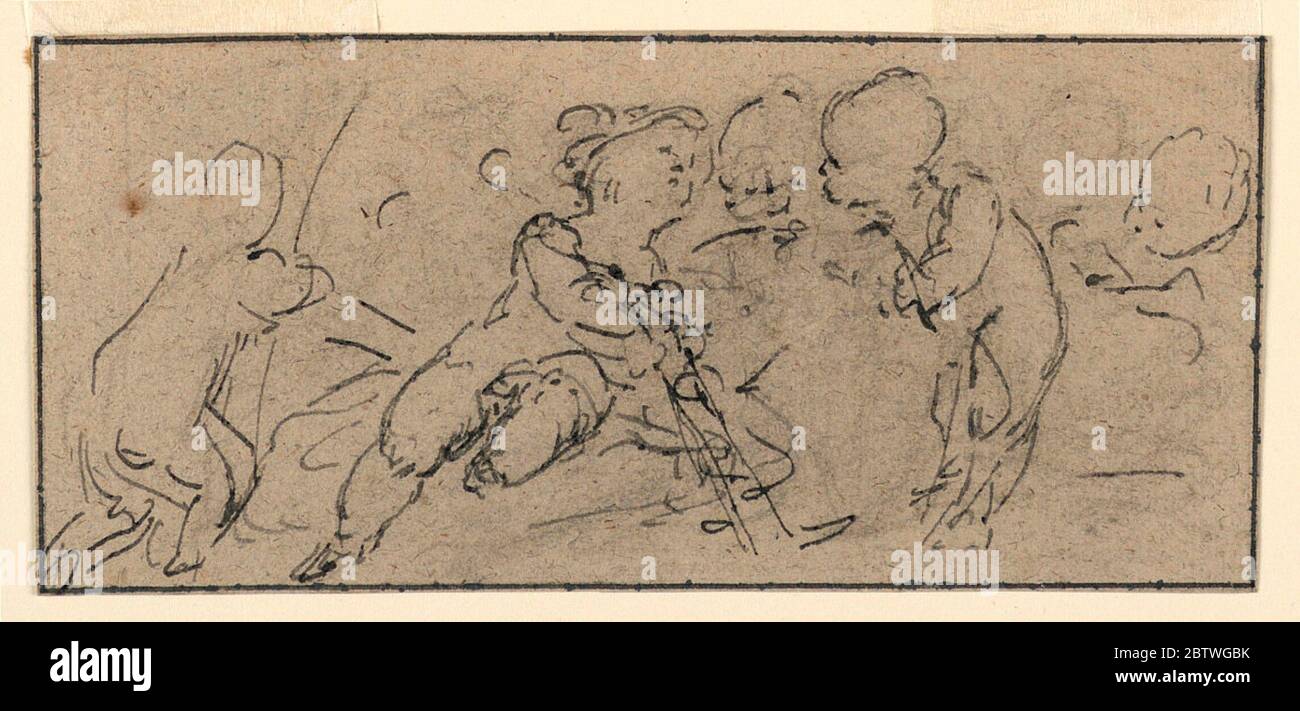 Children Verso Children and Bacchantes. Research in ProgressFive children, only the uppermost parts are shown of two of them. Verso: at left a sitting child, and a standing one. Center: sketch for a painting. Two persons are shown dancing. Other figures are indistinct. Stock Photo