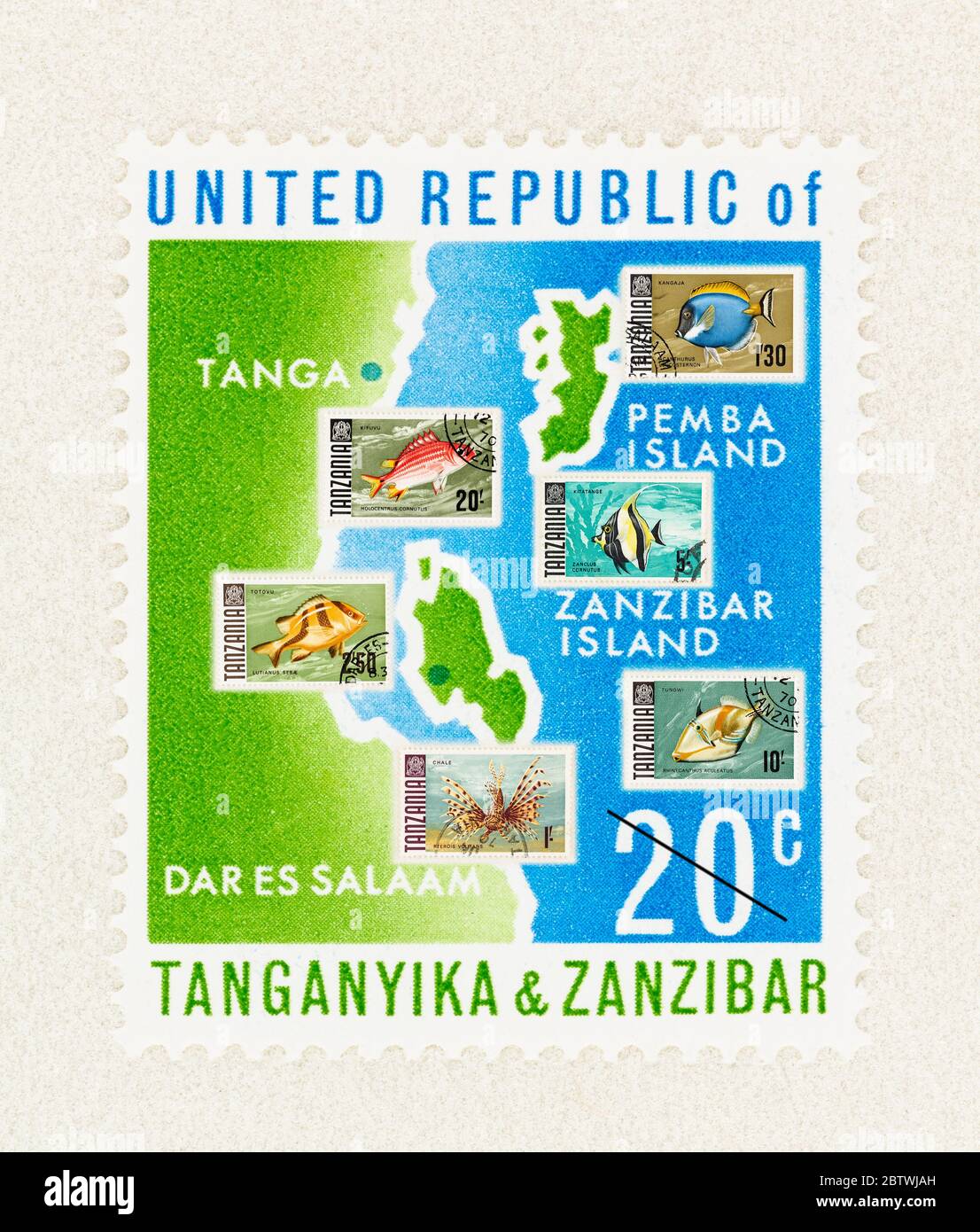 SEATTLE WASHINGTON - May 25, 2020: Collage with map of first stamp of  Tanzania, featuring Tanganyika and Zanzibar, with added stamps of tropical fish Stock Photo