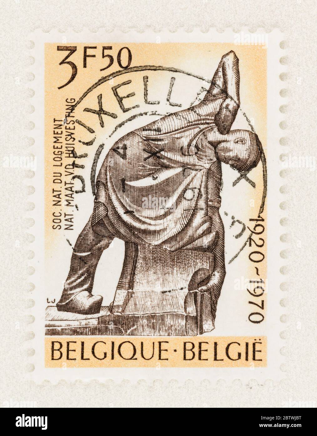 SEATTLE WASHINGTON - May 27, 2020:  Sculpture on Belgium stamp celebrating 50 years of Nation Housing  Scott # 792 Stock Photo