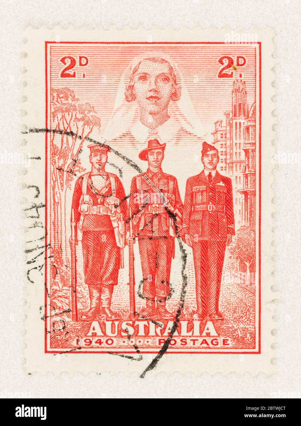 SEATTLE WASHINGTON - May 27, 2020:  Conceptual Australia 1940 stamp featuring sailor, soldier and airman in uniform and nurse. Scott # 185 Stock Photo
