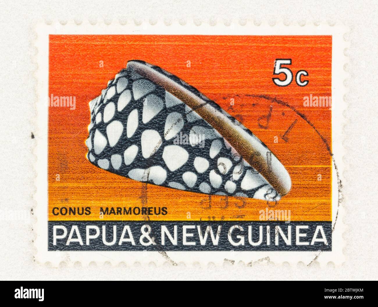 SEATTLE WASHINGTON - May 25, 2020:  Marbled Cone snail on Papua and New Giunea 5 cent stamp. Scott # 268 Stock Photo