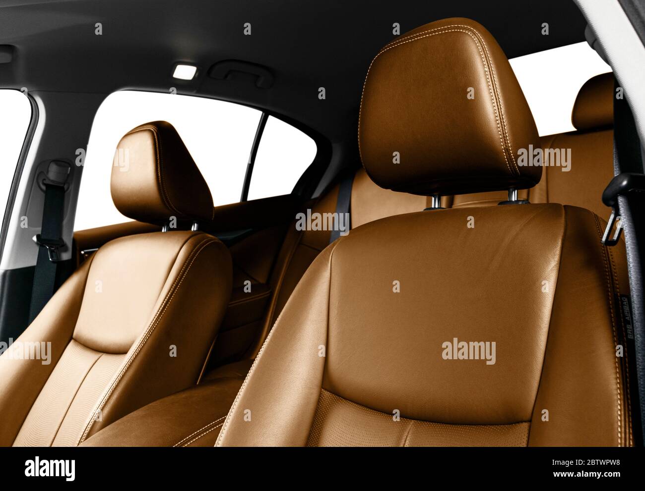 Luxury car brown leather interior. Part of leather car seat details