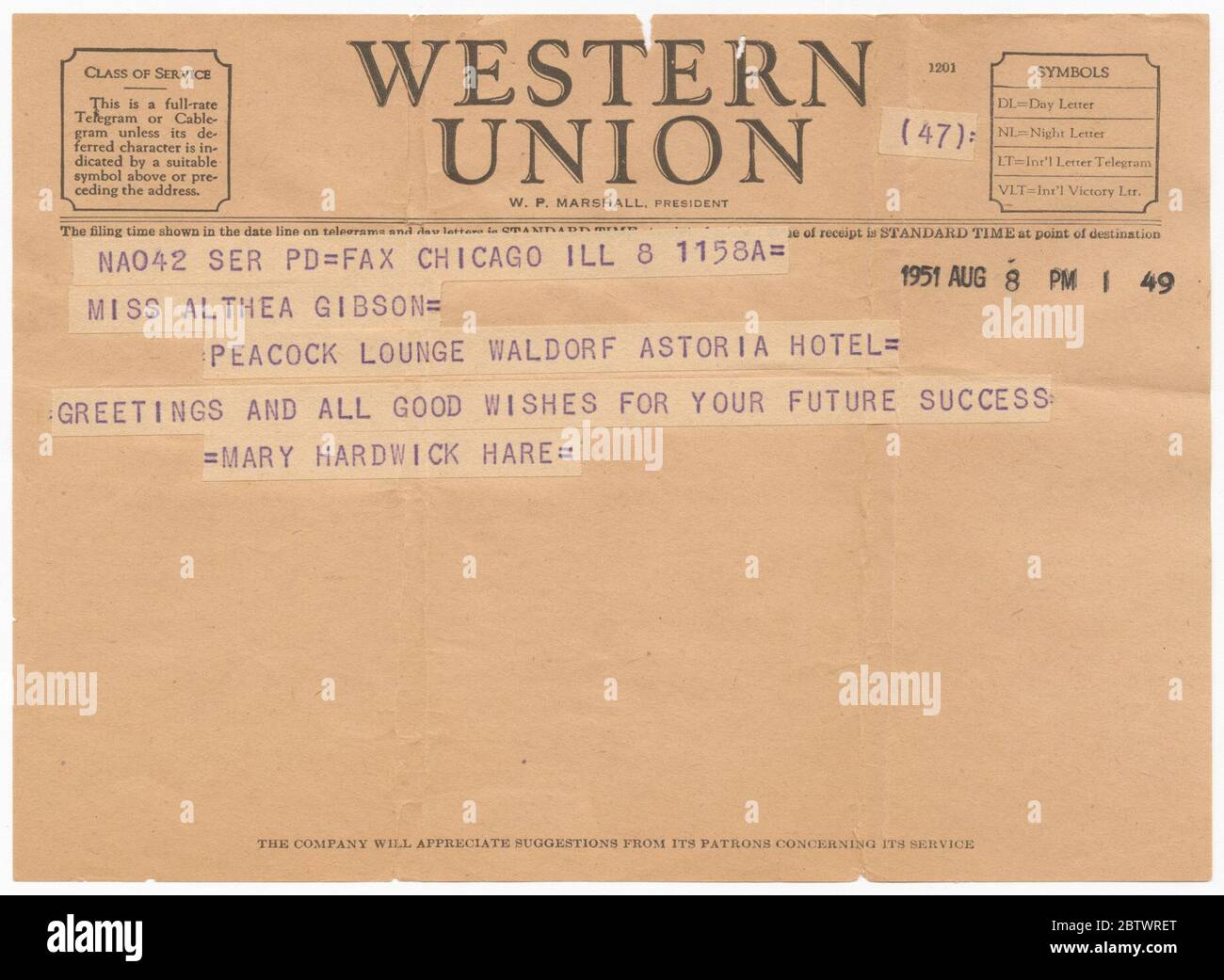 Congratulatory telegram to Althea Gibson from Mary Hardwick Hare. A telegram to Althea Gibson from Mary Hardwick Hare. It is stamped: [1951 AUG 8 PM 1 49].Transcribed by digital volunteers Stock Photo
