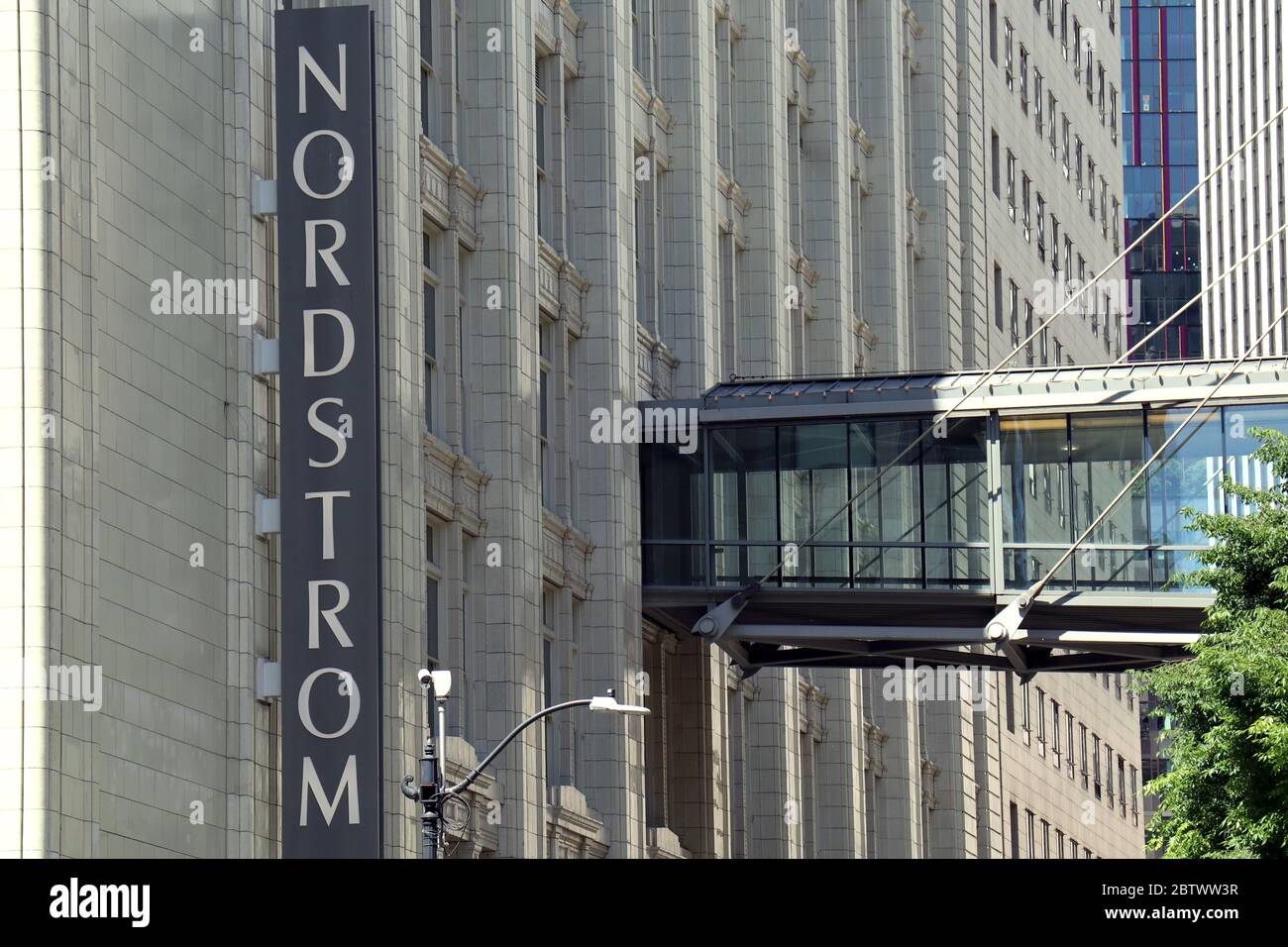 Seattle, United States. 27th May, 2020. The Nordstrom sign is seen on the  front of the company's corporate headquarters in Seattle.The luxury  retailer is expected to report its first quarter earnings soon.