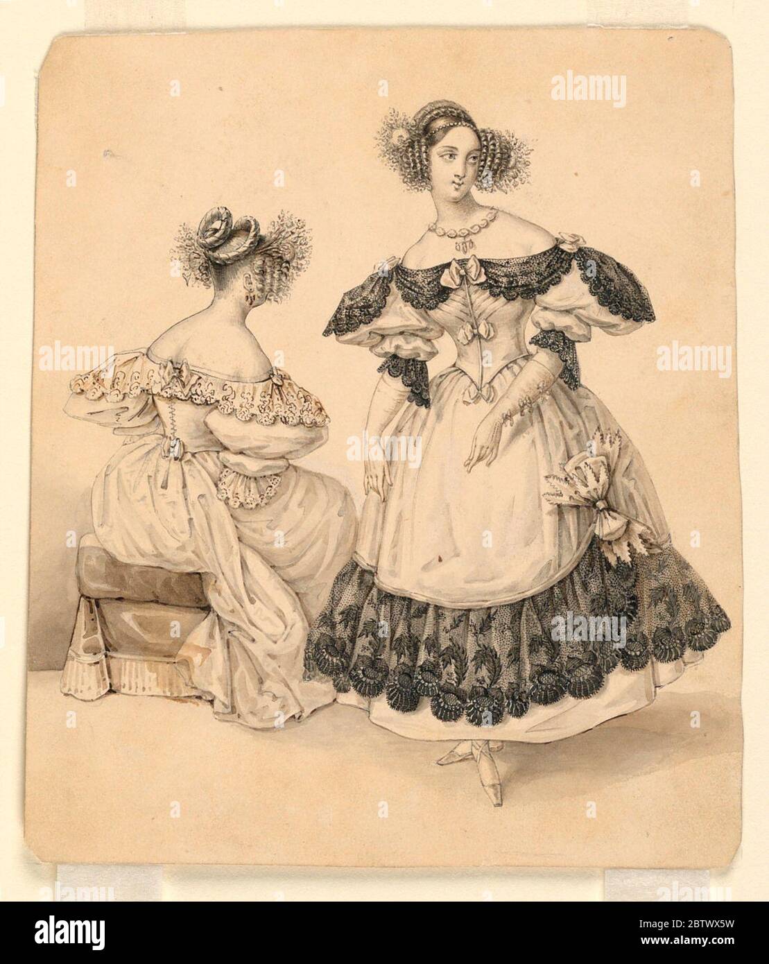 Costume Illustration. Research in ProgressTwo women in contemporary costume. At left, a woman is seated on a low, upholstered seat, her back to the spectator. The other woman, at right, faces spectator. Probably illustration for 'Le Follet Courrier des Salons.' Stock Photo