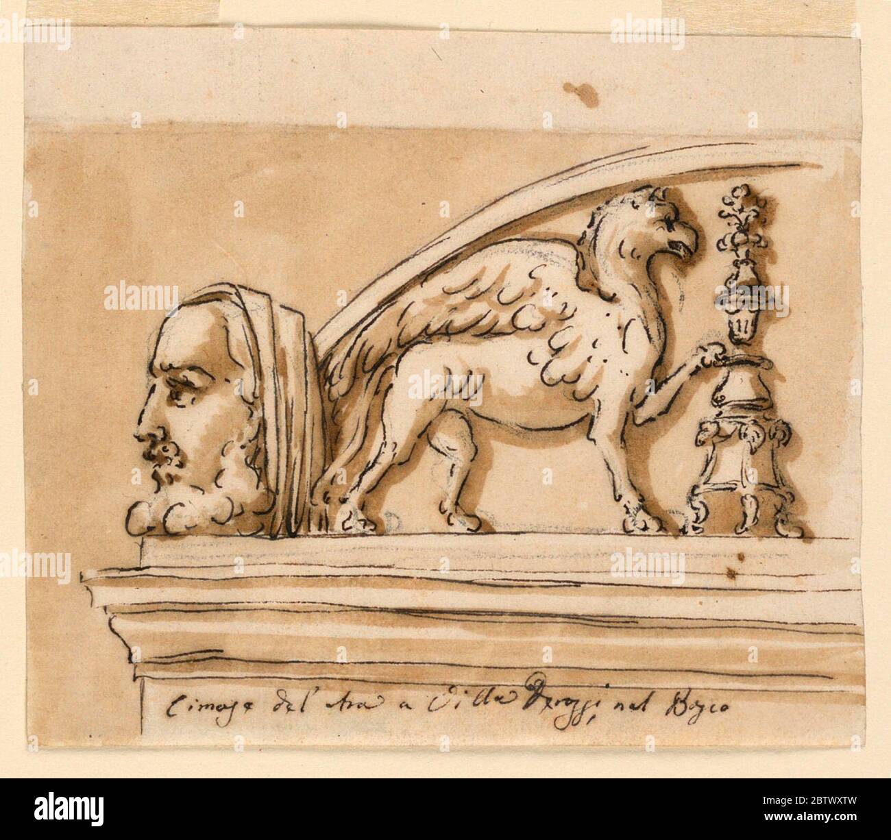 Cresting of an altar. Research in ProgressThe left side: above an entablature rises a panel framed by a segment. In it, beside a candelabrum, stands a griffin. In front of its left lower corner stands a bearded head as an acroterium. Caption below: 'Cimaze del'Ara a Villa Derossi nel Bosco'. Stock Photo