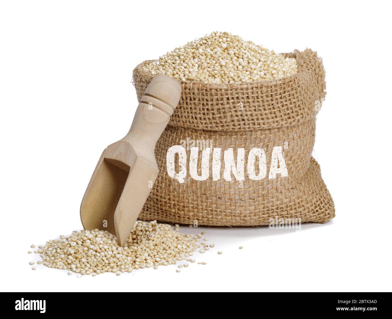 White seeds of quinoa in the cloth sack, Healthy food habits and concept of balanced diet Stock