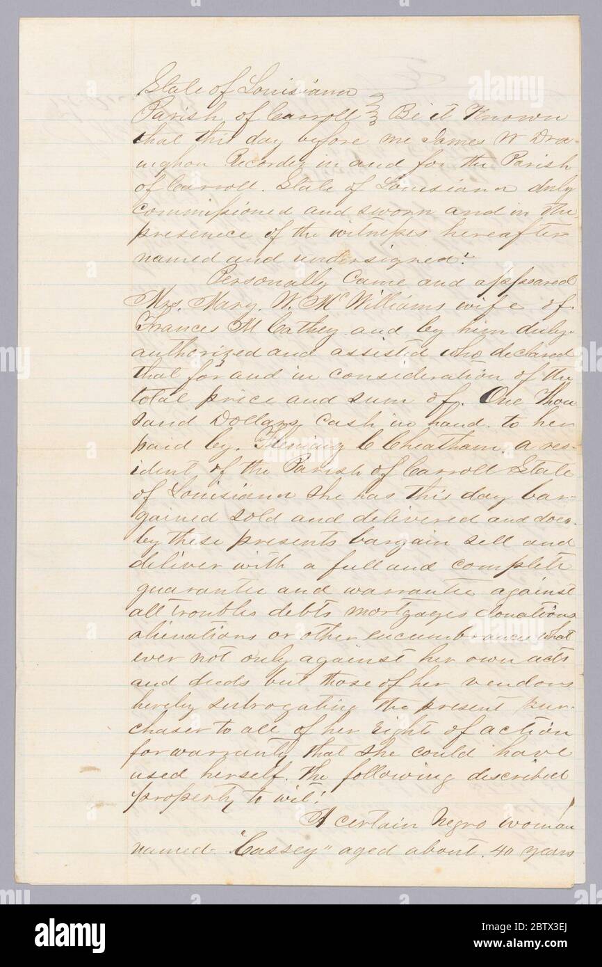Deed of sale for an enslaved woman named Cassey. This deed of sale records the sale of an enslaved woman named Cassey (born 1819) by Mary McCarthey to Fleming C. Cheatham, both of Carroll Parish, Louisiana, on March 3, 1859. Cassey was 40 years old and was sold for $1,000.00. The deed was recorded by James W. Stock Photo