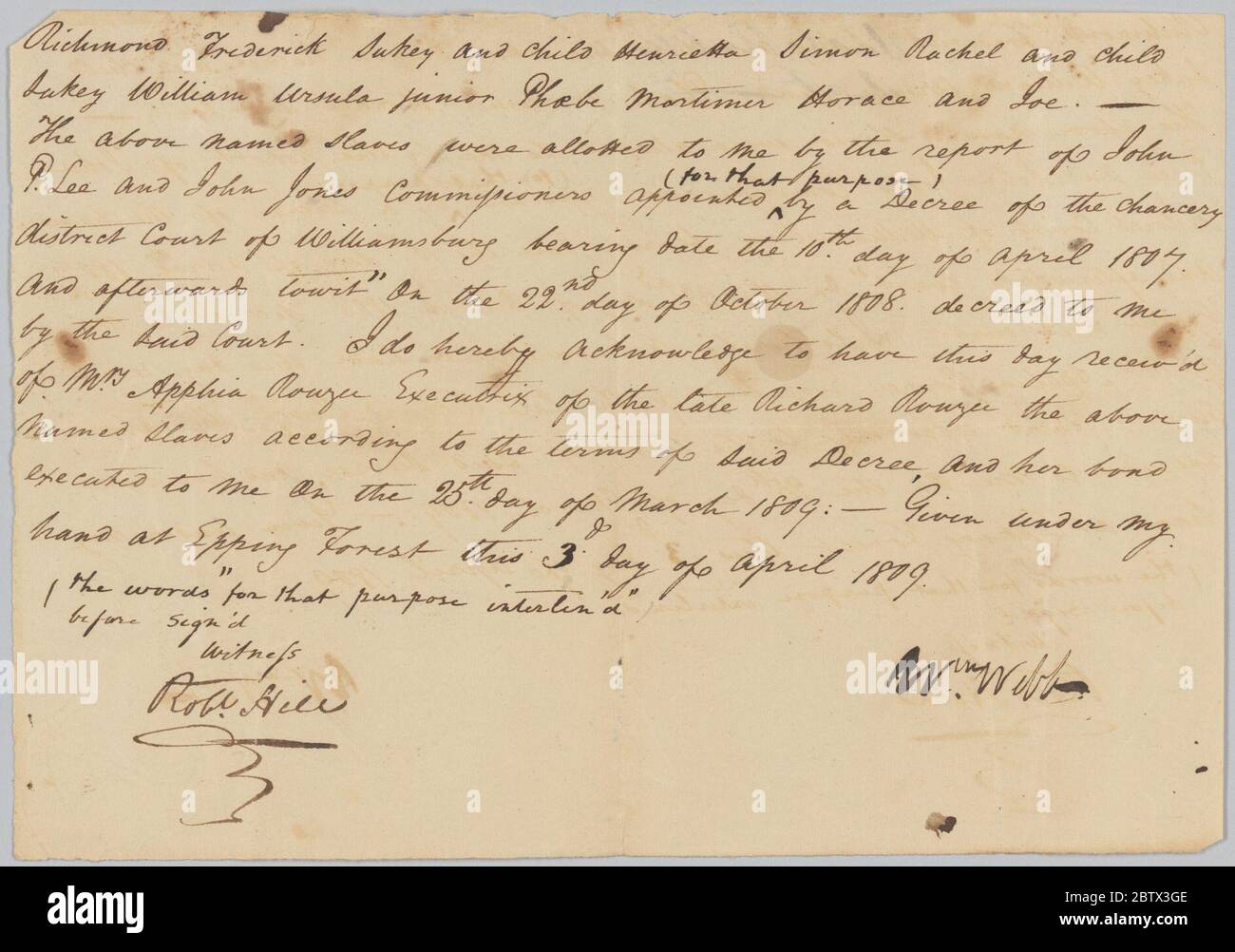 Deed of transfer of enslaved persons from the estate of Richard Rouzee. This document is from a collection of financial papers related to the plantation operations of several generations of the Rouzee Family in Essex County, Virginia. Stock Photo