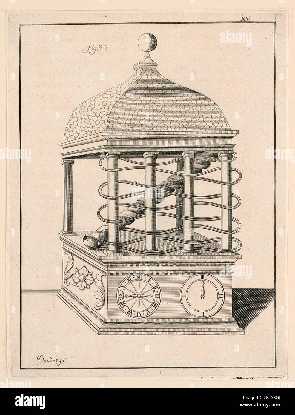 Design For a Clock pl XV from Recueil dOuvrages Curieux de Mathematique et de Mecanique ou Description du Cabinet. Research in Progress Stock Photo