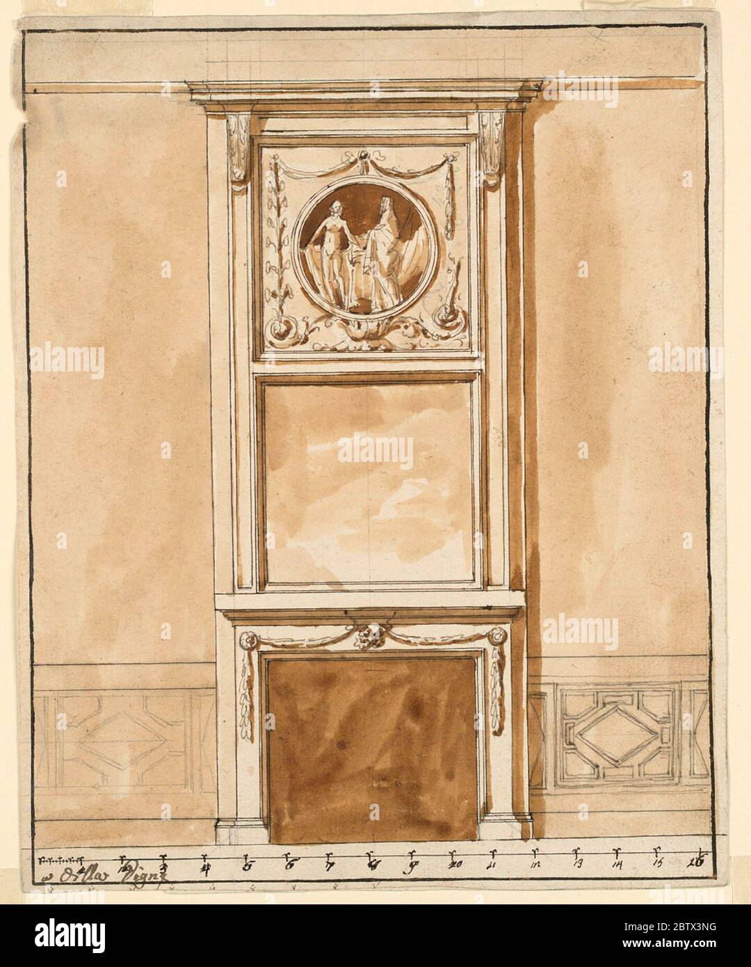 Design for the Mantlepiece and Dado for a Room in the Villa Digne. Research in ProgressThe lower part is a variation of the scheme of -1522. The supports consist of fluted consoles upon which two children are seated beside a flower pot in front of a shell at right. Half of a similar motif is upon the support at left. Stock Photo
