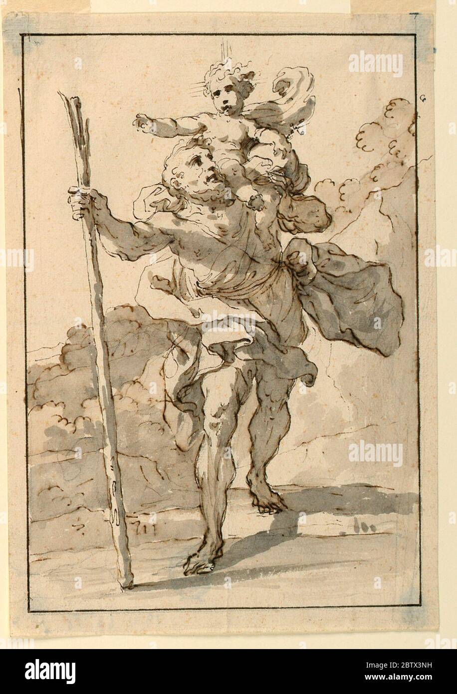 Design For A Painting Of Saint Christopher Research In Progressshown From The Front Stepping Down Into The River With The Child Upon His Left Shoulder Mountainous Country Framing Line Stock Photo