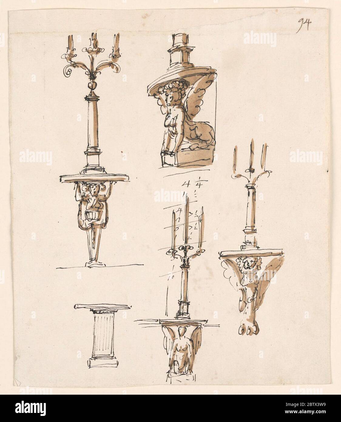 Designs for Five Console Tables Three with Candlesticks Probably for Rooms in the Palazzo Altieri Rome. Research in ProgressAbove the top of the table is supported by the head and the hands of a gaine, above is is a candlestick consisting of a monumental column, with a sphere on top, from which three branches rise. Stock Photo