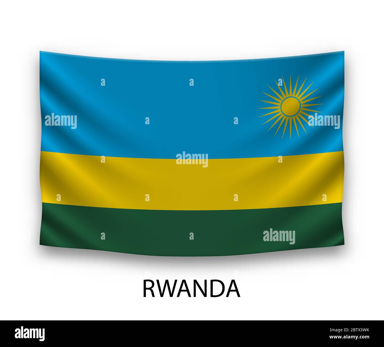 Hanging silk flag of Rwanda. Vector illustration. Stock Vector