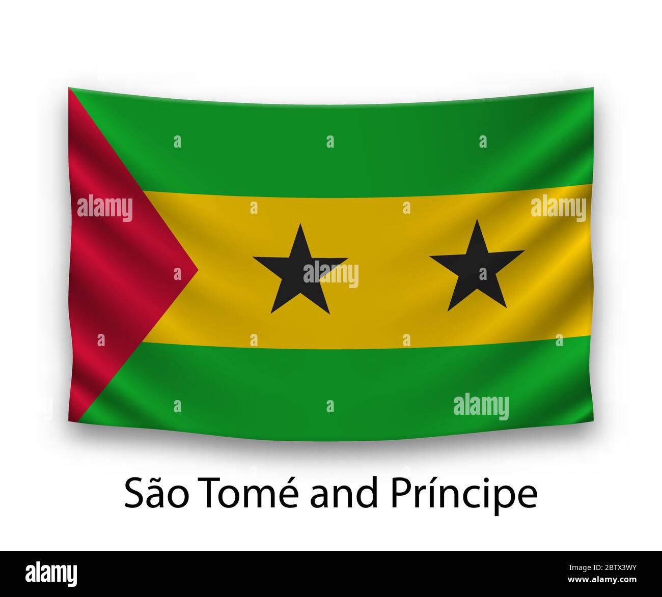 Hanging silk flag of Sao Tome and Principe. Vector illustration Stock