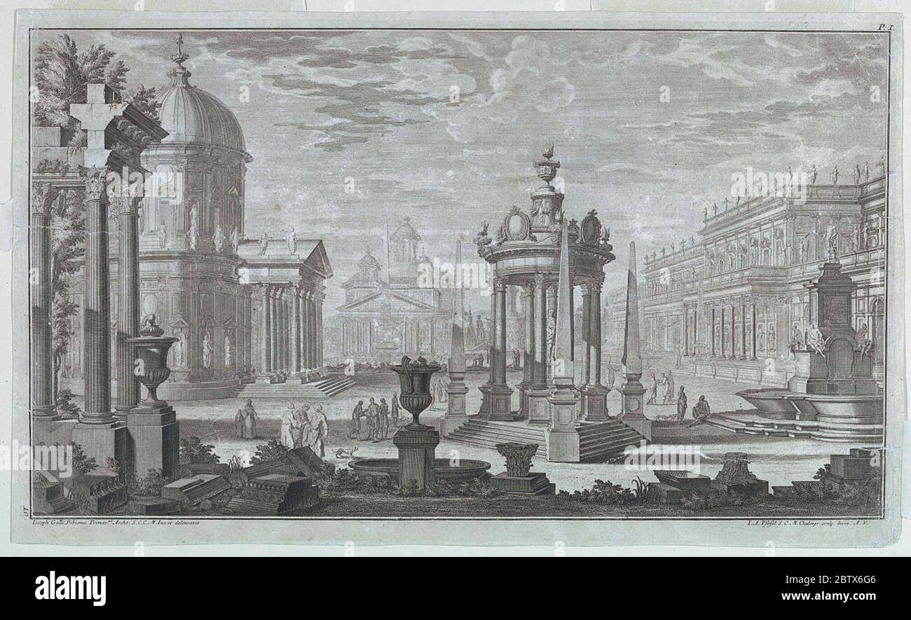 A Forum. Research in ProgressPlate 10 of the first part of the 'Architetture e Prospettive,' published by Joh. Andreas Pfeffel (1674-1748). Stock Photo