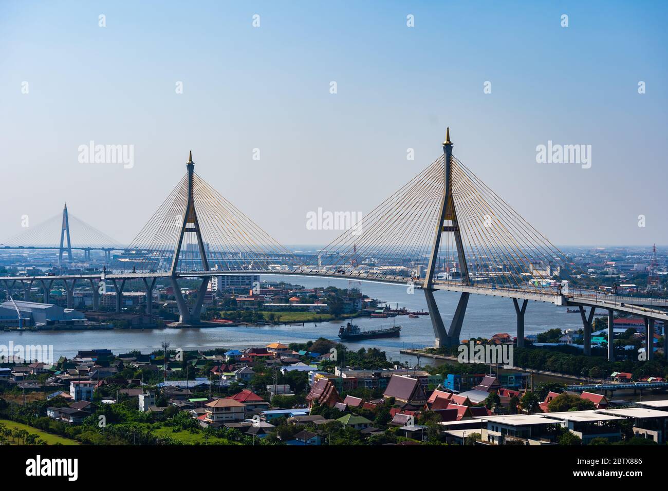 Bhumibol suspension bridge cross over Chao Phraya River in Bangkok city, Thailand Stock Photo