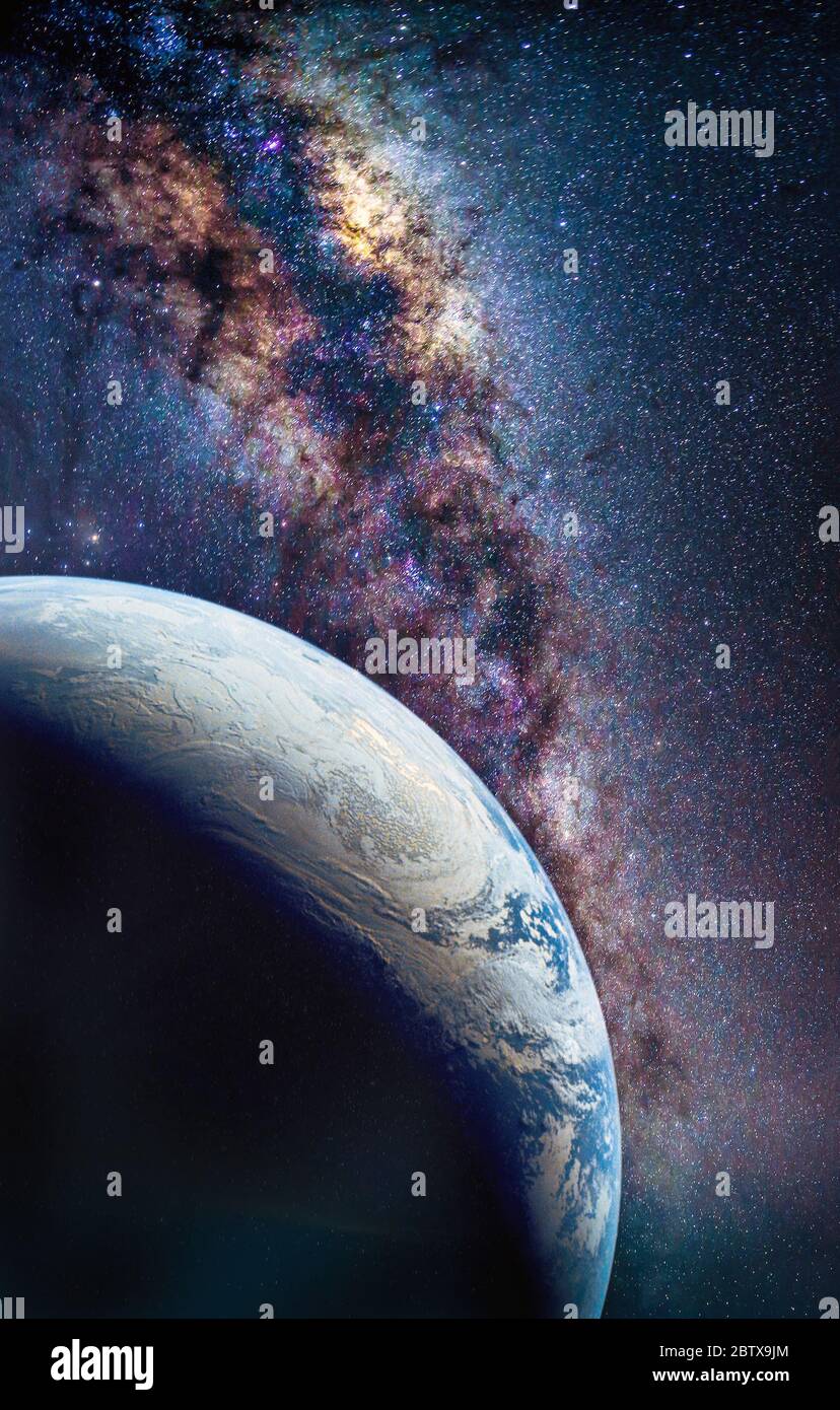 Landscape with Milky way galaxy. Earth view from space with Milky way galaxy. (Elements of this image furnished by NASA) Stock Photo