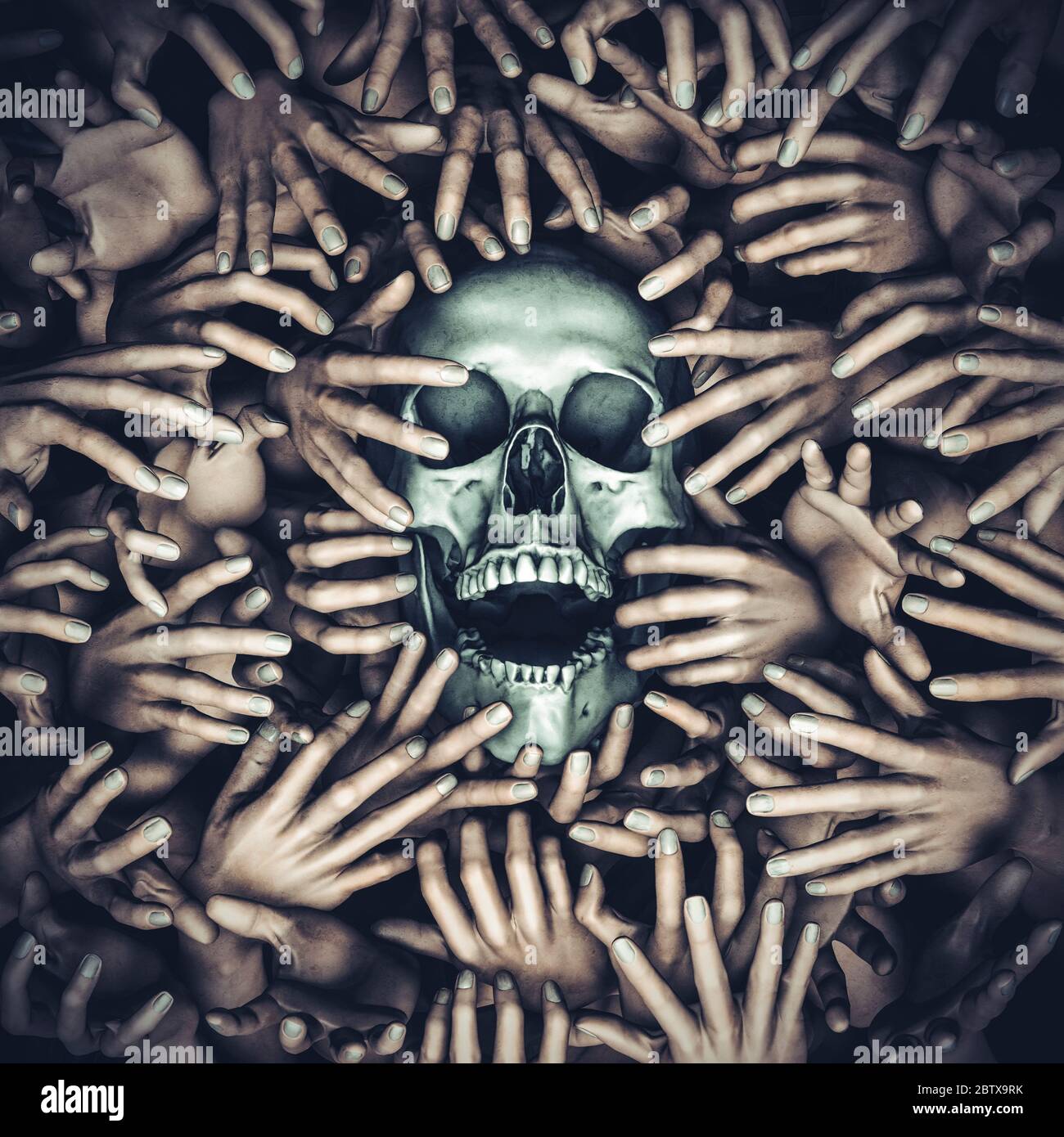 Hell reclaims it's own / 3D illustration of gnarled undead zombie hands grasping at screaming human skull Stock Photo